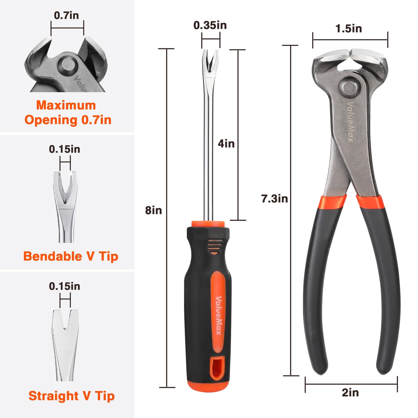VALUEMAX 3Pcs Nail Puller and Staple Remover Tool, Include 7" End Cutting Pliers, 8" Bendable and Straight V Tip Staple Puller, Upholstery Tools for Cutting Wires, Removing Nails and Staples