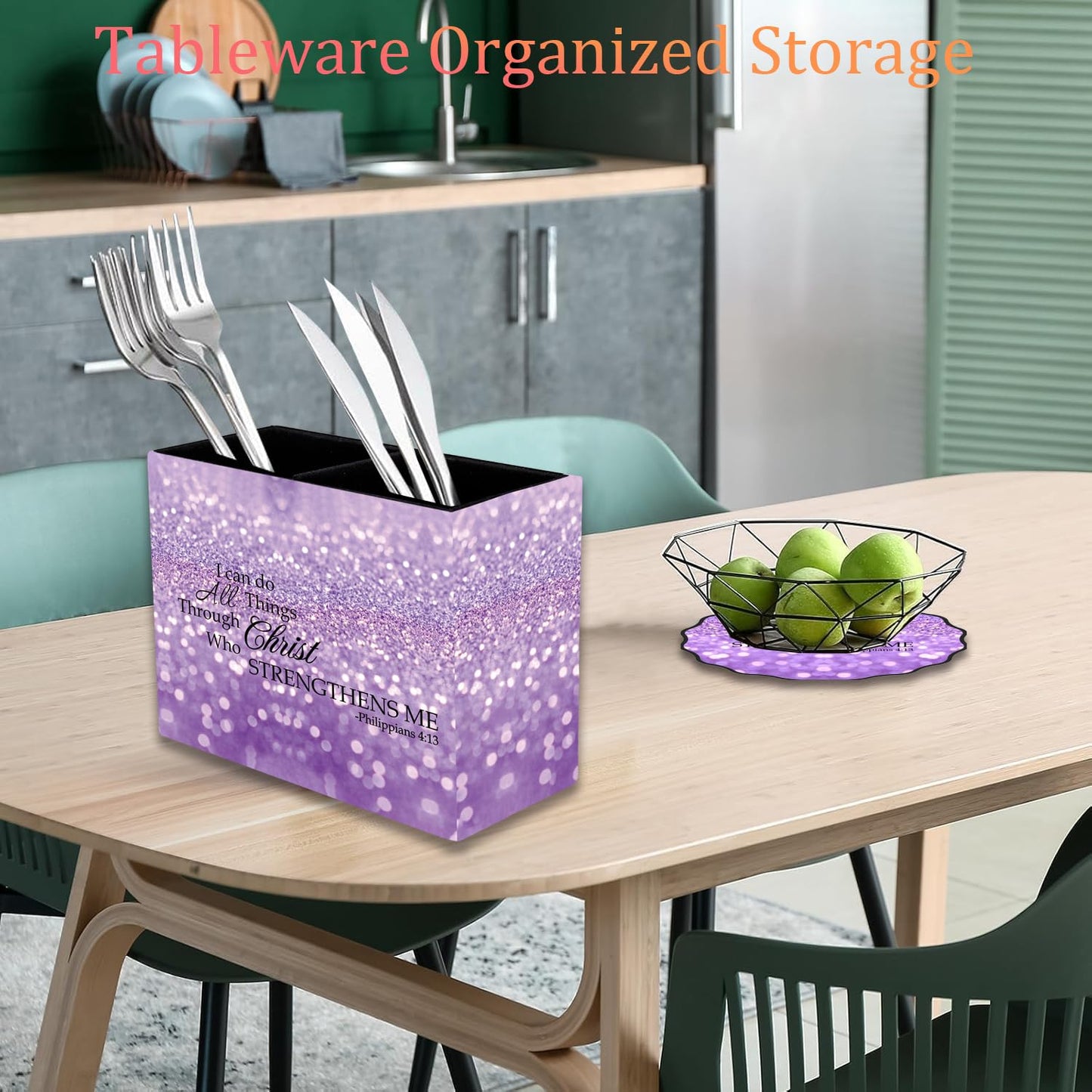 Pen Holder and Anti-Slip Mouse Pad Combination, Makeup Brush Storage Box, Tableware Storage Box, Suitable for Office and Home - Purple Glitter Quote Philippians 4-13