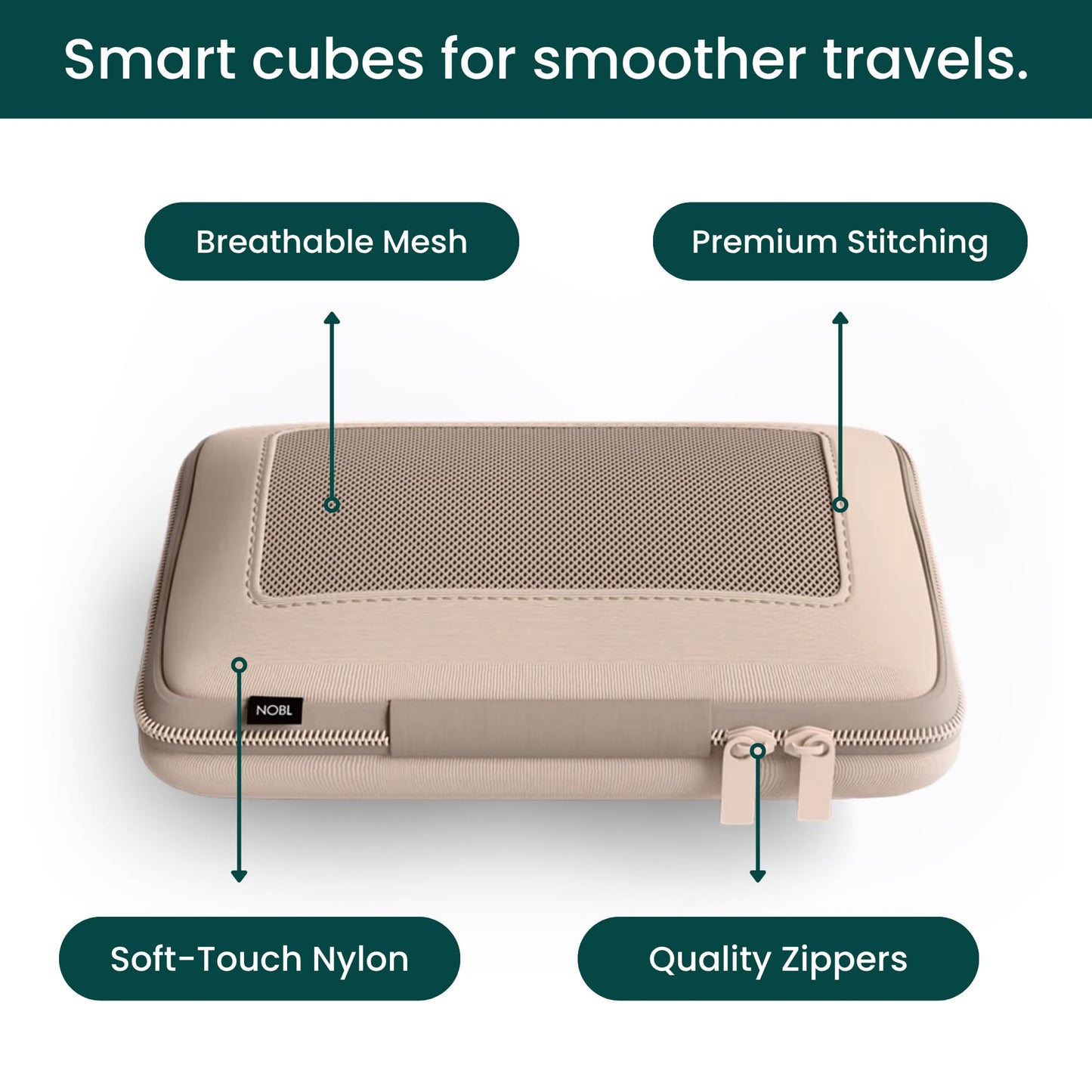 Nobl Travel Compressible Packing Cubes Set, 6 Pieces Travel Packing Organizers, Compression Luggage Cubes for Suitcases & Carry On, Space Saving (XXS, XS, S, M, L, XL) - Sand