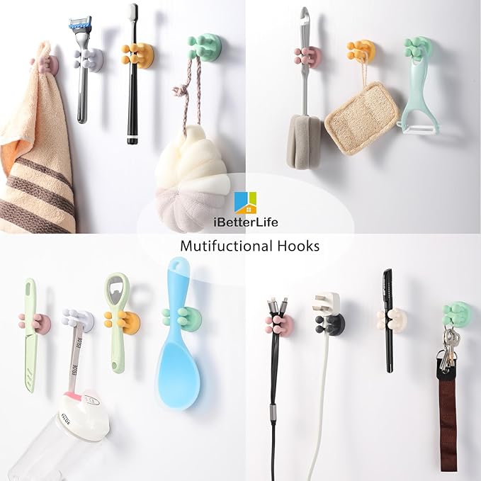 iBetterLife Tooth Brush Holder for Bathroom - 6Pcs Silicone Toothbrush Razor Holder for Shower Wall Mounted Self Adhesive Cute Storage Hook for Kids Hanging Loofah Towel for Kitchen Living Room Office