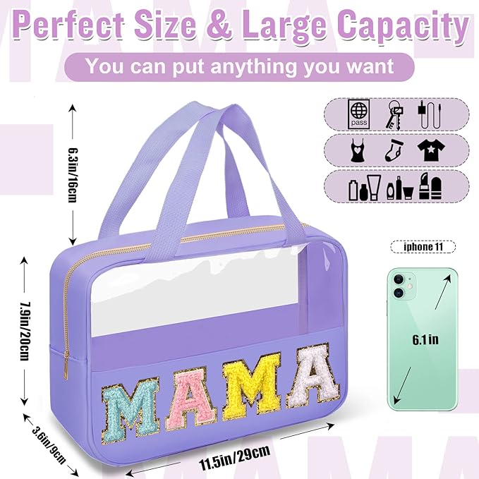 Chenille Letter Clear Makeup Bags Mama Tote, Preppy Patch Makeup Bag Zipper with Handle, Waterproof PVC & Nylon Portable Glitter Large Cosmetic Travel Toiletry Storage Bag for Women Girls(MAMA-Purple)