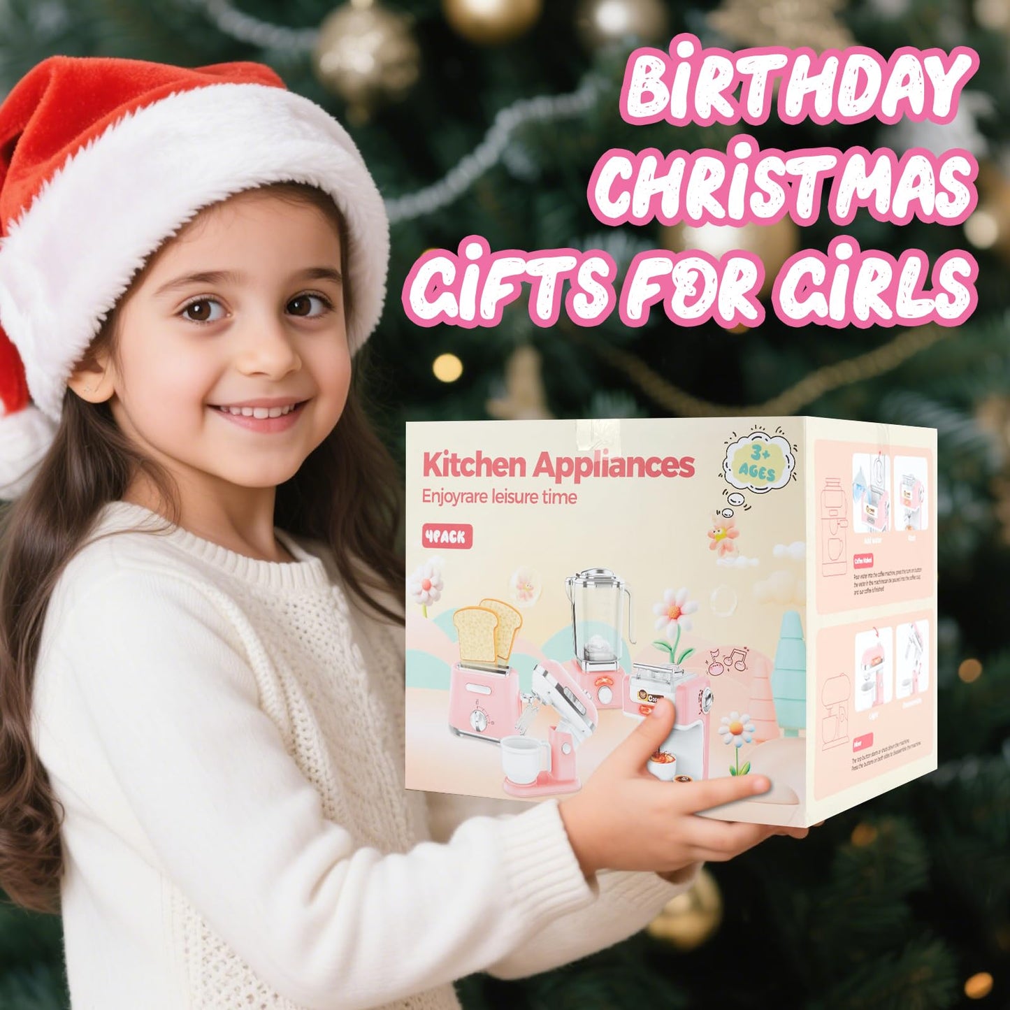 Play Kitchen Accessories,Toy Kitchen Appliances with Blender,Coffee Maker,Mixer,Toaster,Kids Kitchen Playset with Sound & Light,Play Kitchen Sets for Kids Ages 4-8,Pink Kitchen Toys for Girls Ages 3-5