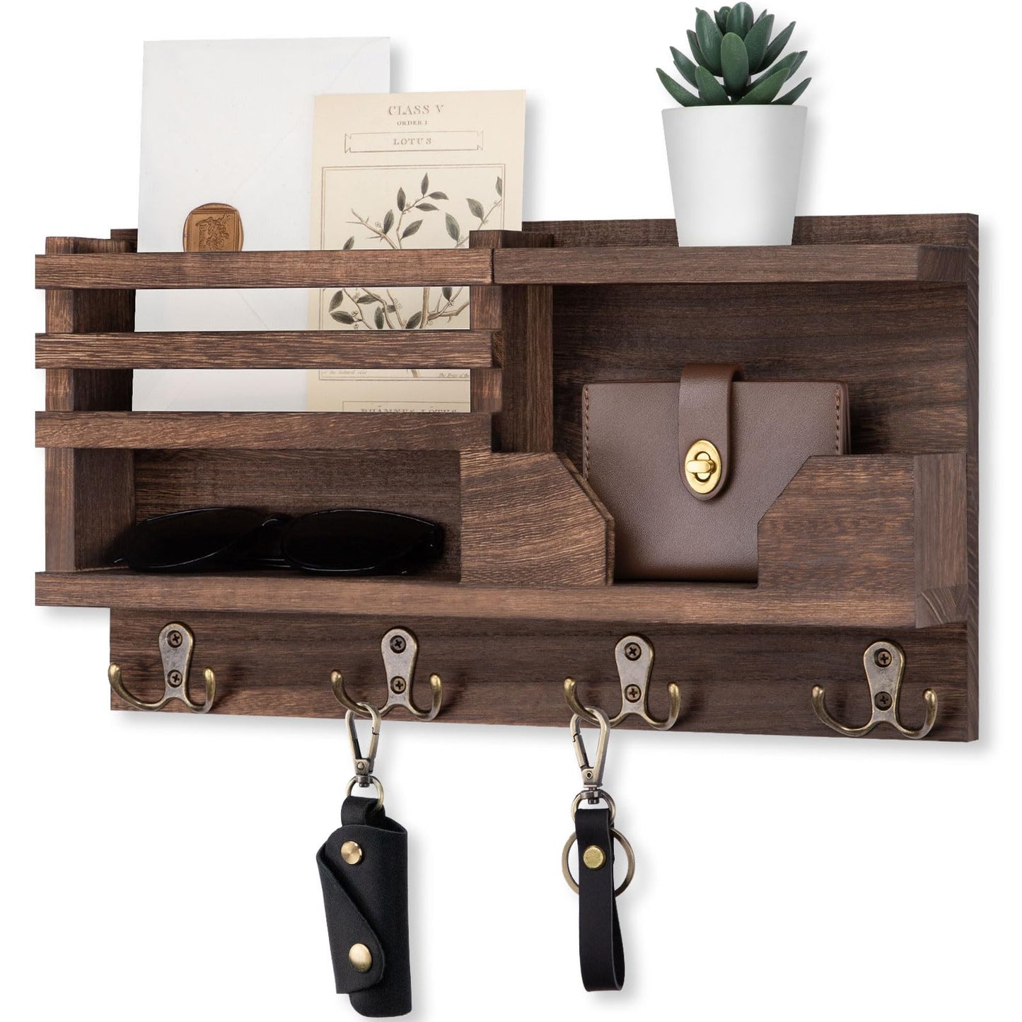 Lwenki Mail and Key Holder for Wall – Decorative 15.9” x 8.7” x 3.2” Entryway Organizer with Shelf – Paulownia Wood with 4 Dual Hooks Includes Mounting Hardware and Installation Guide