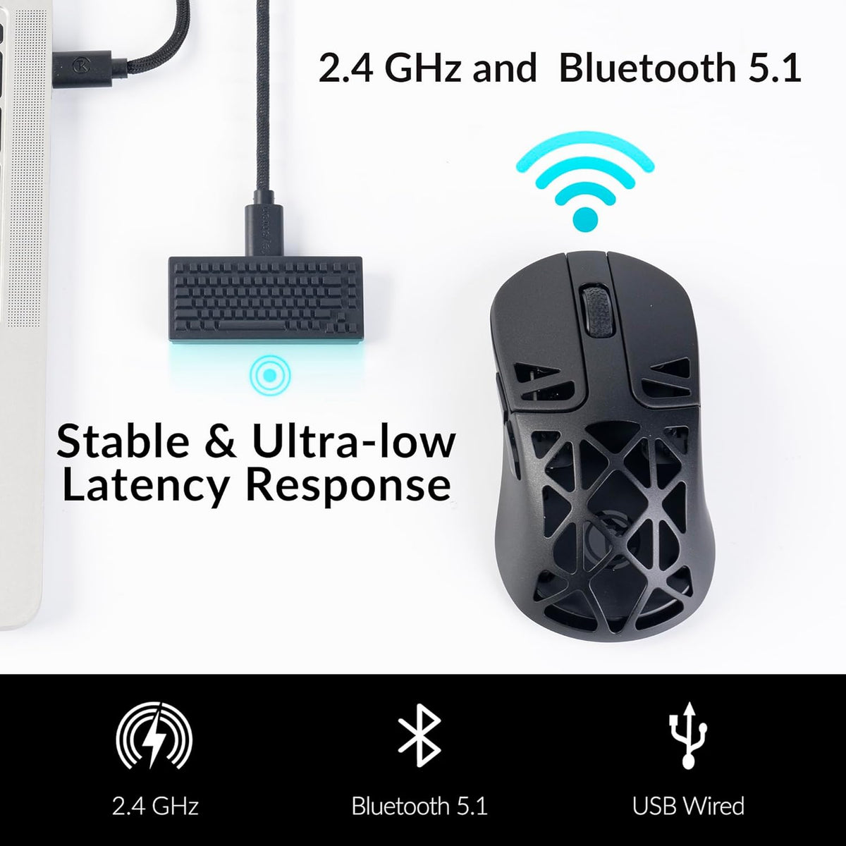 M3 Mini 4K Wireless Mouse Signature Edition 5.1/2.4 GHz/Wired Optical Mouse, Ultra-Lightweight 55g Programmable PixArt 3395 Sensor with up to 26,000 DPI/ 650 IPS for Windows Mac Linux - Black