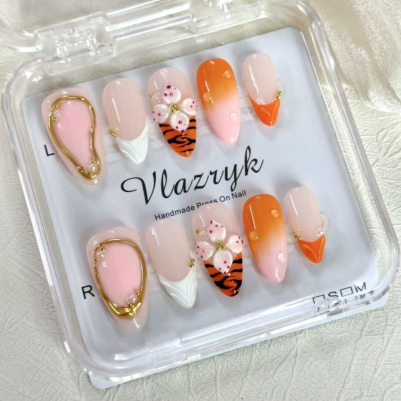 Luxury Medium Almond Press On Nails – French Tip with 3D Flowers, Pearls & Gold Design | Reusable Acrylic Gel Fake Nail | hand made nails S SIZE