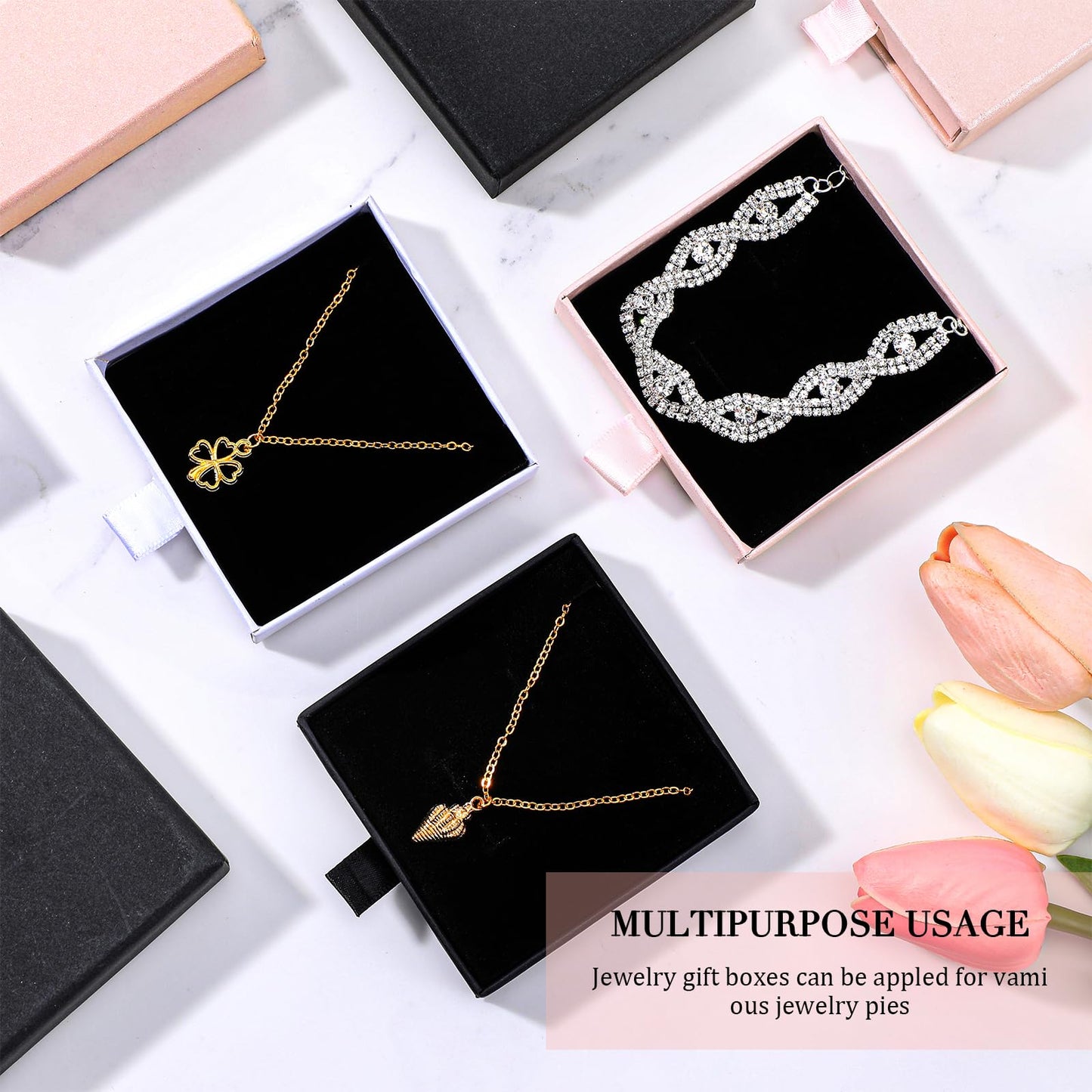 mekueeex 24 Pack Jewelry Gift Boxes Cardboard Jewelry Boxes 3.1 x 3.1 x 0.7 Inch Pull out Design Bulk Small Black Gift Box with Lids for Necklace Ring Bracelets Earring Display Box