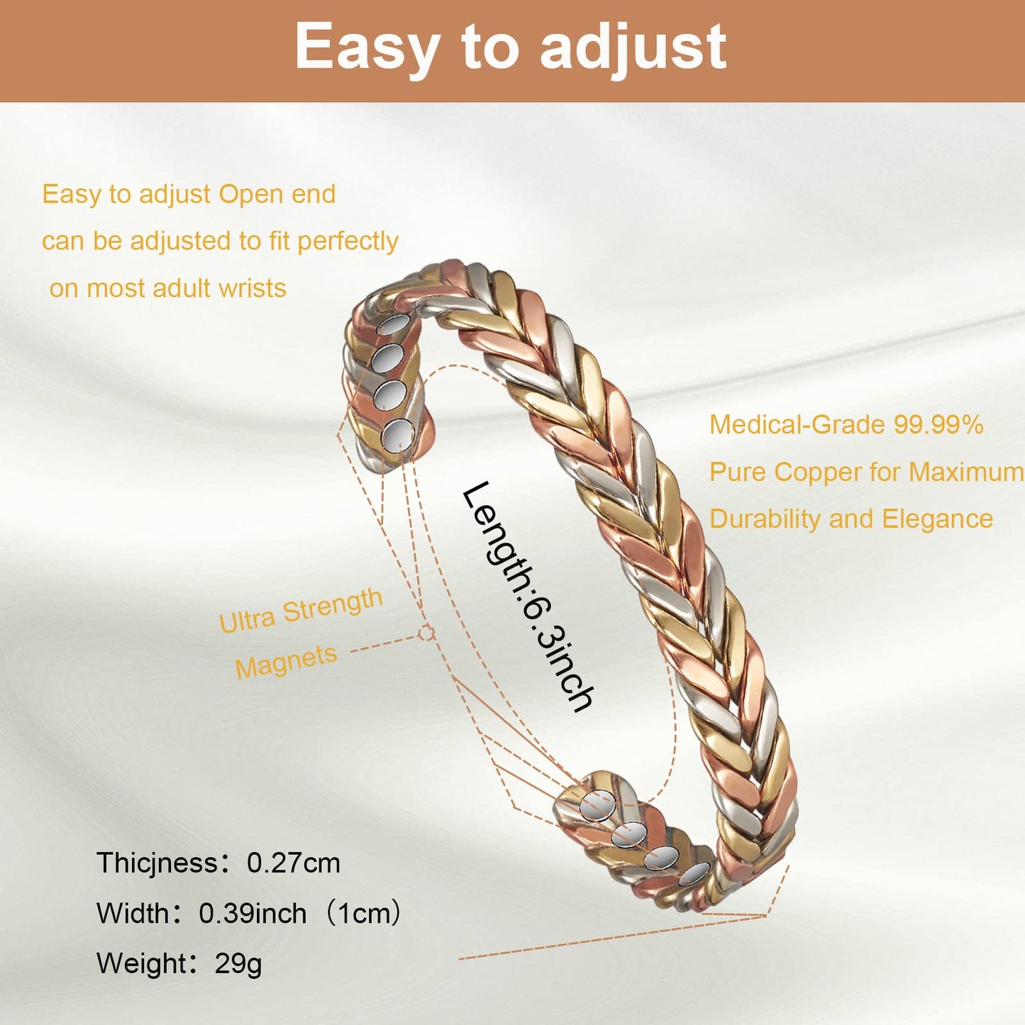 EnerMagiX Copper Bracelets for Women, 99% Pure Adjustable Tricolor Gold Braided Bracelet, Copper Jewelry Gift (2pcs 0932)