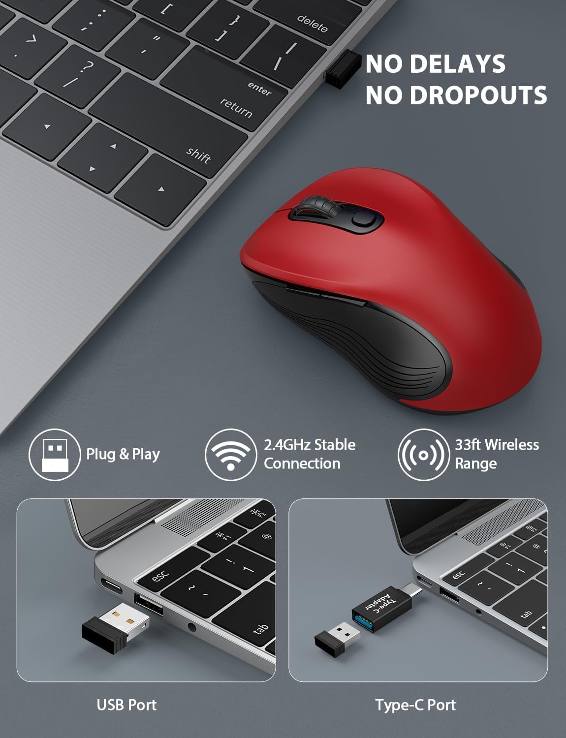 Trueque Wireless Mouse for Laptop, 2.4GHz Ergonomic Computer Mouse with Back & Forward Buttons, 3 Adjustable DPI Levels, 6 Buttons, Optical USB Cordless Mice for Windows Chromebook MacBook PC (Red)