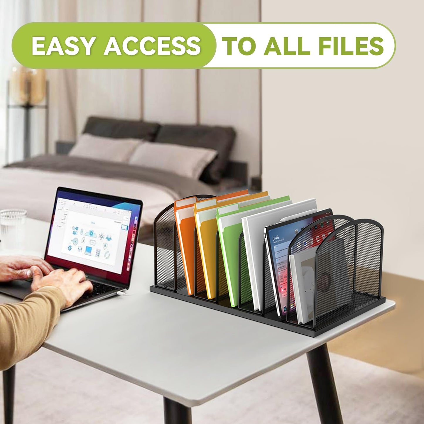 MINDEPOT Desk File Organizer 7 Sections Upright Mesh File Sorter Organizer for Desk, Office Organization File Holder for Home, Office & Classroom (Black, 1Pack)