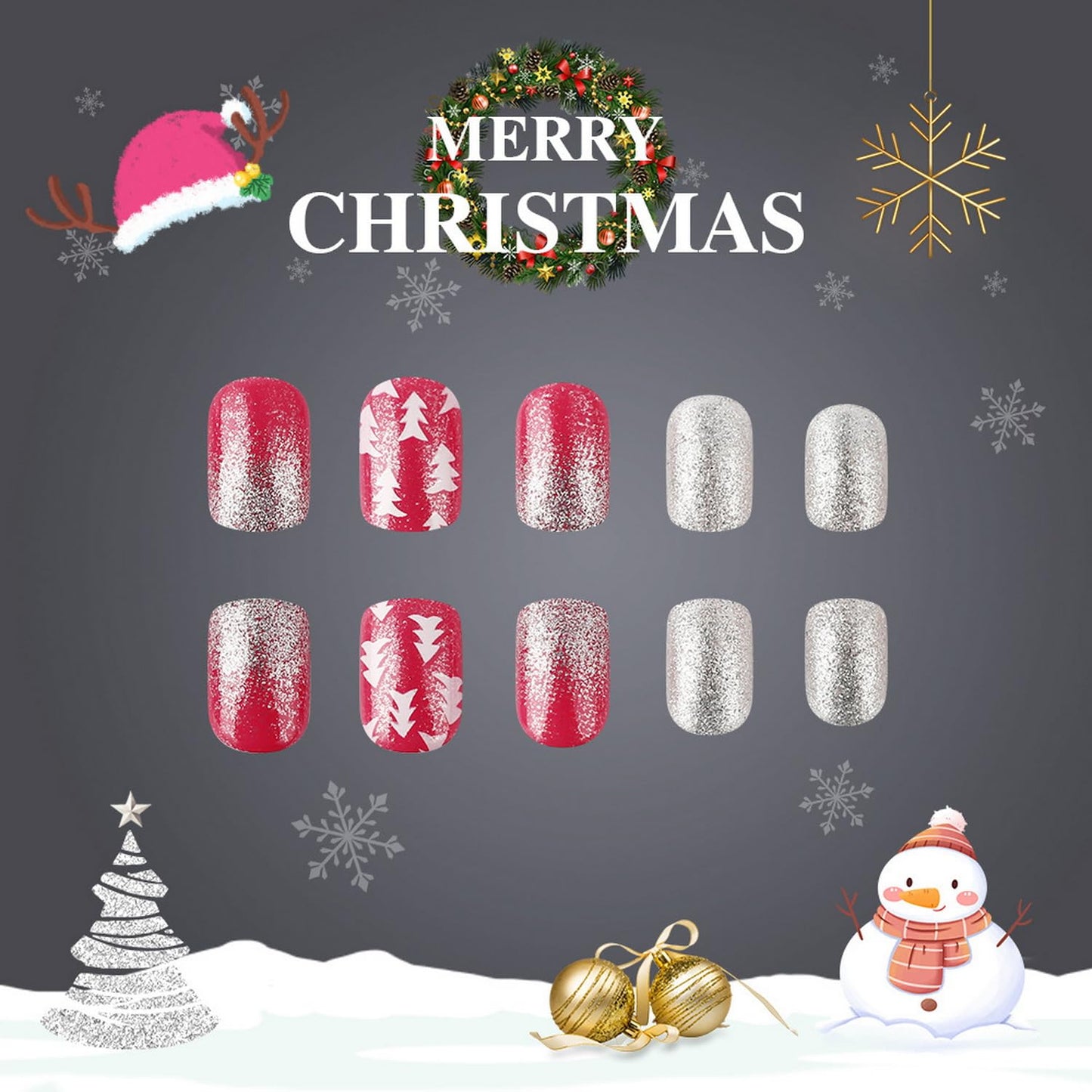 Christmas Press on Nails Short Square Fake Nails Red Silvery with Snowflake designs Christmas False Nails Glossy Full Cover Winter Xmas Stick on Nails Glitter Glue on Nails for Women Girls 24pcs