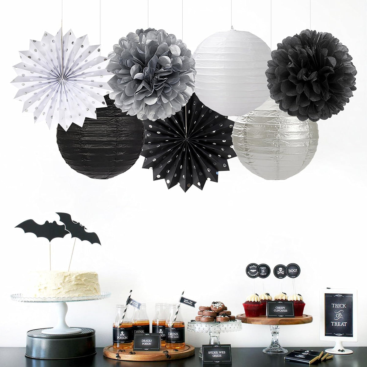 Black White Silver Party Decorations - 20pcs New Year Men Birthday Paper Lanterns Fans,Tissue Pom Poms,Honeycomb Balls,Bunting,Wedding Bachelorette Bridal Graduation Baby Decor Burgleda