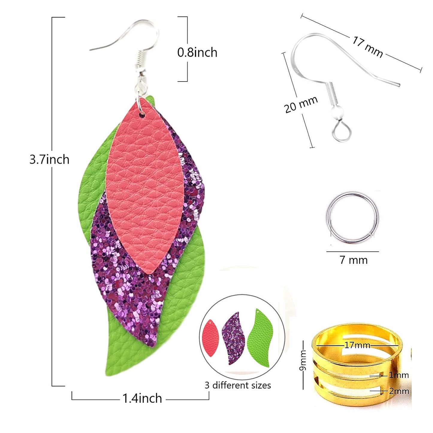 AOUXSEEM 181 Pcs Leaf Faux Leather Earrings Making Kit for Beginner, Contains 60 Pre Cut Lightweight Glitter Printed Synthetic Fabric Pieces and Hypoallergenic Hooks Jump Rings (Solid A)