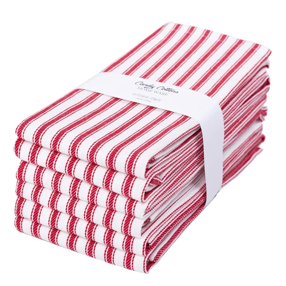 Candy Cottons Stripe Kitchen Dish Towels With Hanging Loop - Boho Absorbent Festive Gift Set of 6 - Reusable 18x28 Inch Pantry Decor - Trendy Spring French Red
