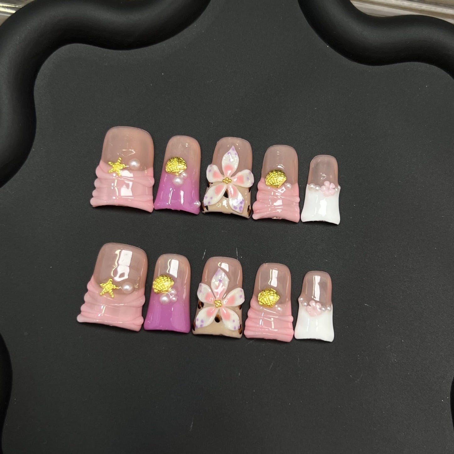 10pcs Handmade Press on Nails for Women - Medium Duck Curve 3D Thick Acrylic Fake Nails Reusable,Designer Floral Butterfly Rhinestones Bling Boho Funky Y2k Nail-art Set,M,pink floral