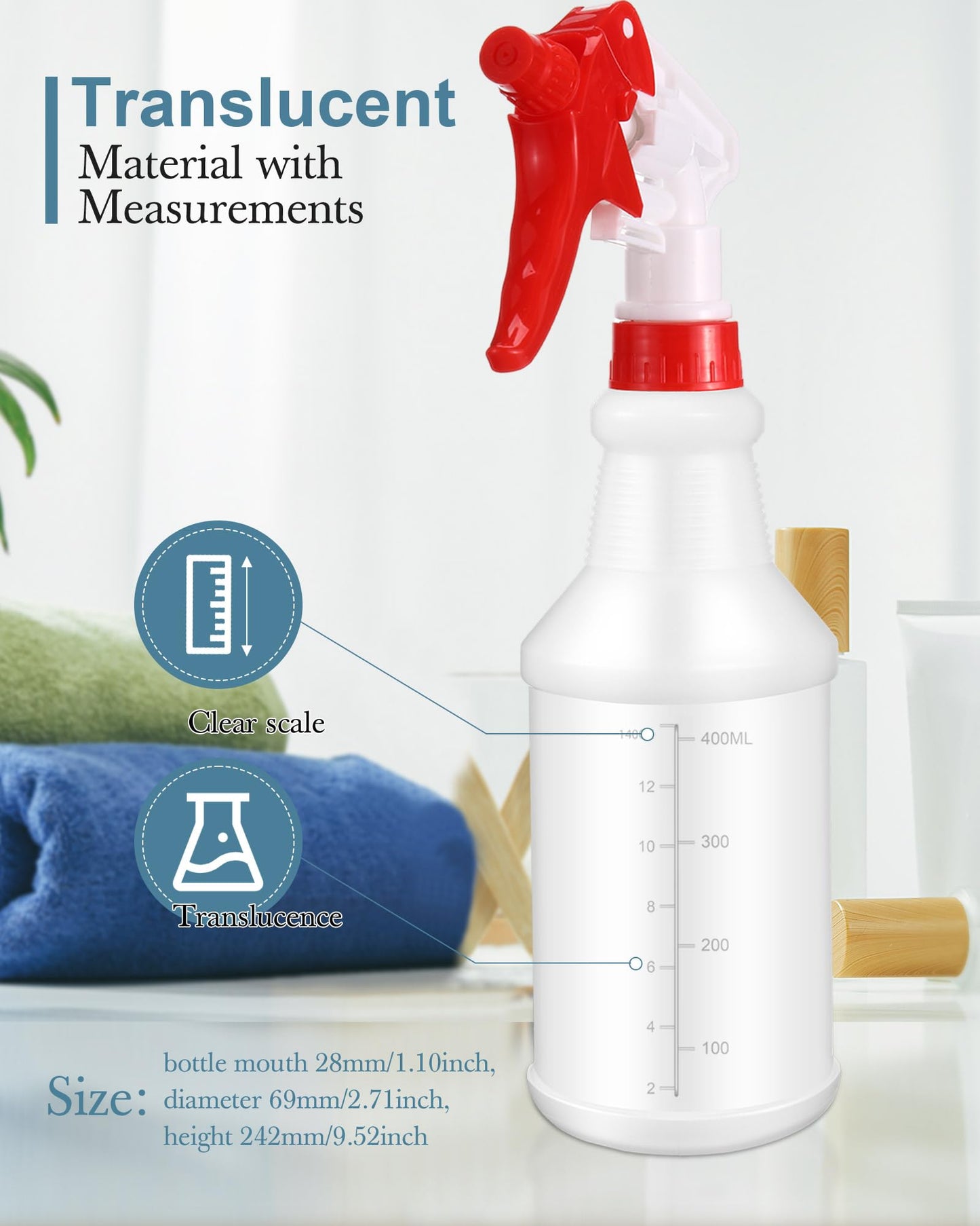 Eccliy 20 Pack 16oz Empty Spray Bottles, Leakproof Cleaning Bottles with Measurement and Adjustable Nozzle for Housekeeping, Commercial Use(Cylinder,Red White Spray Head)