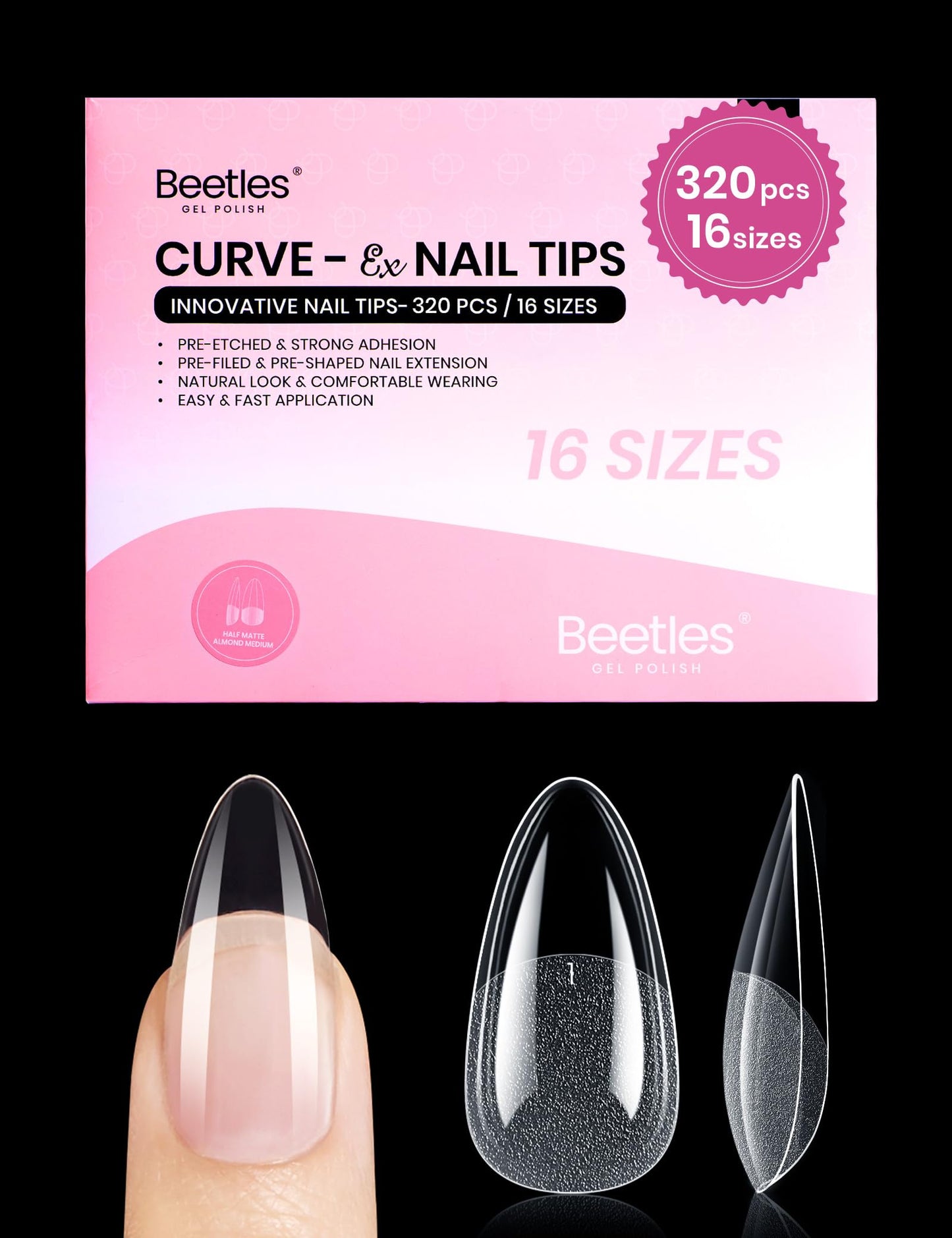 Beetles Gel Nail Tips Curve-EX - Almond Medium, 320pcs 16 Sizes, Etch-X Half Matte Full Cover Soft Acrylic False Press on Nail Tips Easy DIY Nail Extension Art Salon for Curved & Natural Nail Beds