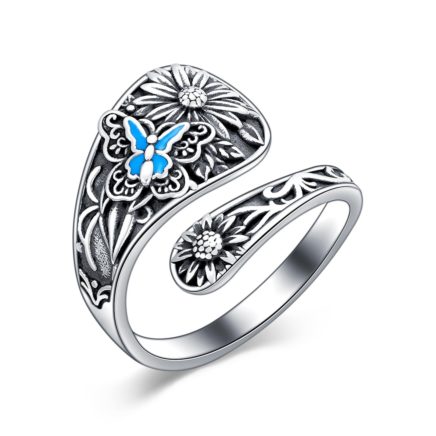 Midari Butterfly Sunflower Spoon Rings 925 Sterling Silver Butterfly Ring Sunflower Ring for Women Adjustable Thumb Spoon Ring Vintage Finger Open Spoon Rings for Women Daughters