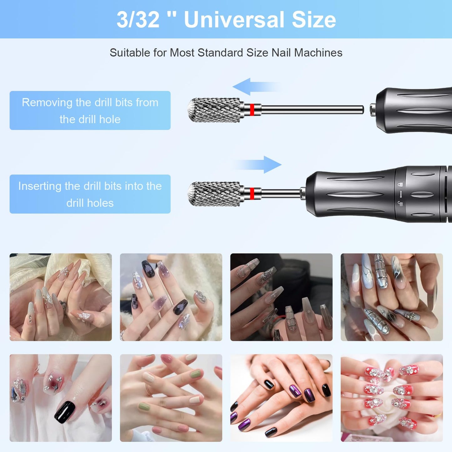 CGBE Nail Drill Bits, 6 Piece Nail Drill Bit Grinding Heads Carbide Machine Accessories for Manicure Remove Acrylic or Hard Gel Polygel, 3/32 Inch Professional Bits for Nail Cutter - Fine