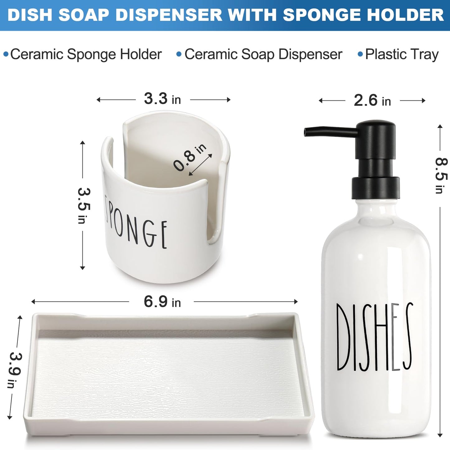 ALPIRIRAL Dish Soap Dispenser for Kitchen, Ceramic Dish Soap Dispenser with Sponge Holder, White Dispenser Set with Tray, 3 in 1 Countertop Sink Organizer, Farmhouse Modern Kitchen Decor
