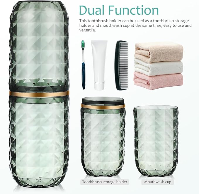 Didiseaon Travel Toothbrush Case with Cover, Green Portable Toothbrush Holder and Rinse Cup Dual Use Compact for Travel Bathroom Storage