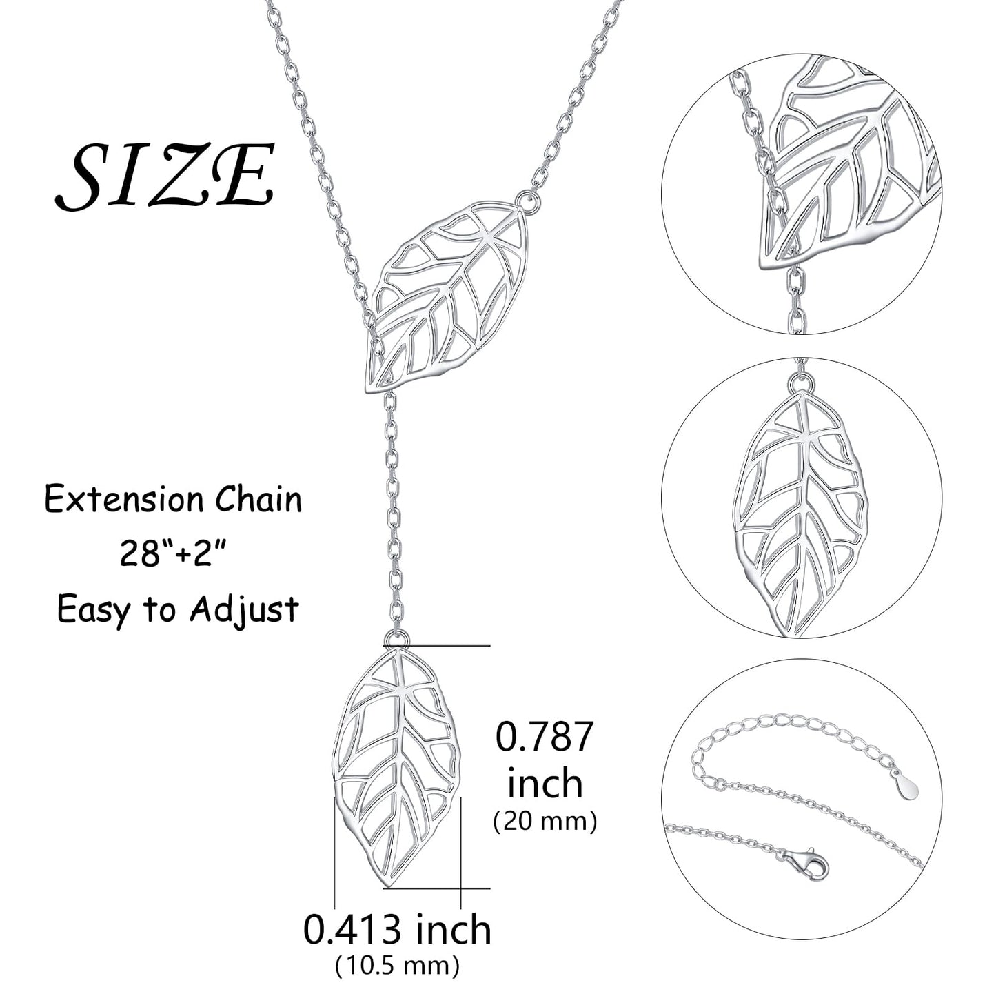 DAOCHONG Long Necklace Sterling Silver Leaf Larait Bar Y Lariat Long Chain Drop Adjustable Necklace for Her, 30"