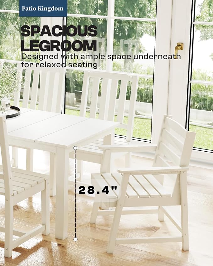 5-Piece White Outdoor Dining Set with White 15FT Large Patio Umbrella, 75.2'' HDPE Table & Chairs for 8, Weather-Resistant Furniture with Umbrella Hole for Patio, Lawn, Poolside