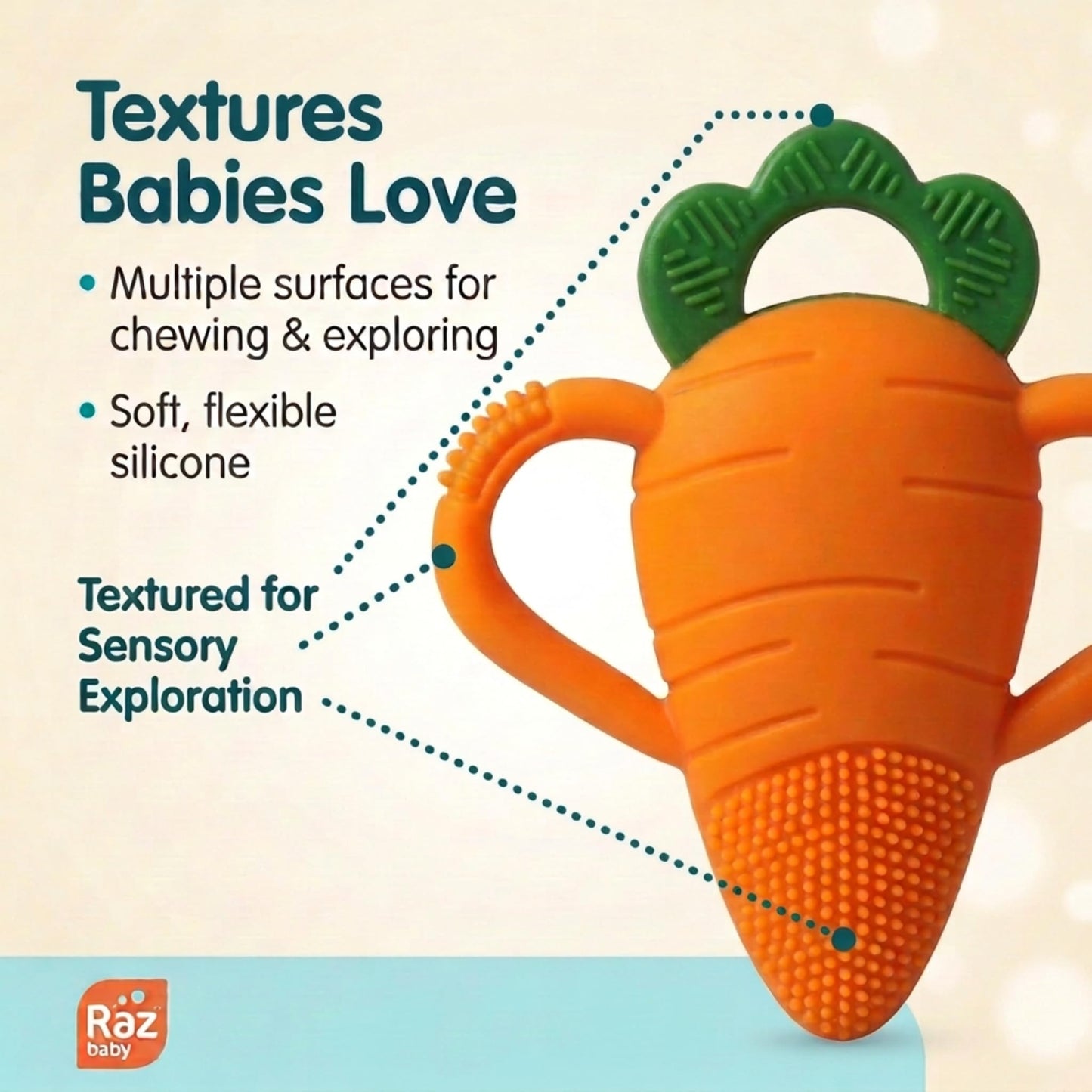 RaZbaby Bunny Snuggly w/Carrot Teething Relief Toy – Soothes Sore Gums w/Nature-Inspired Texture, 100% BPA-Free Silicone Teether, Soft Minky Stuffed Animal – All Ages