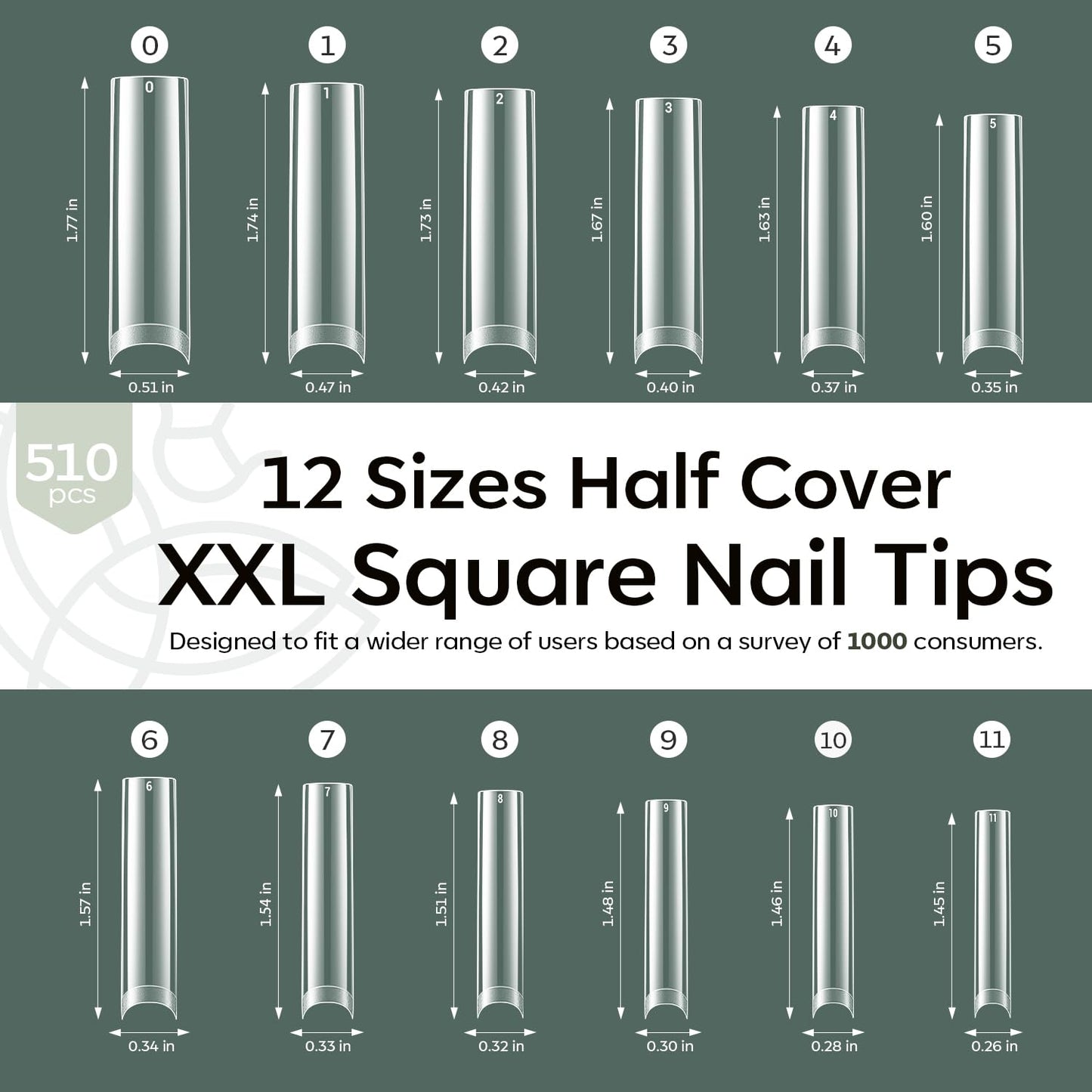 Modelones XXL Square Half Cover Nail Tips, No C Curve 510Pcs Extra Long Extension Tips Pre-Etched Fake Press on Nails Tips Clear Natural Fit Acrylic Gel False Nails for Extension DIY Salon 15Sizes
