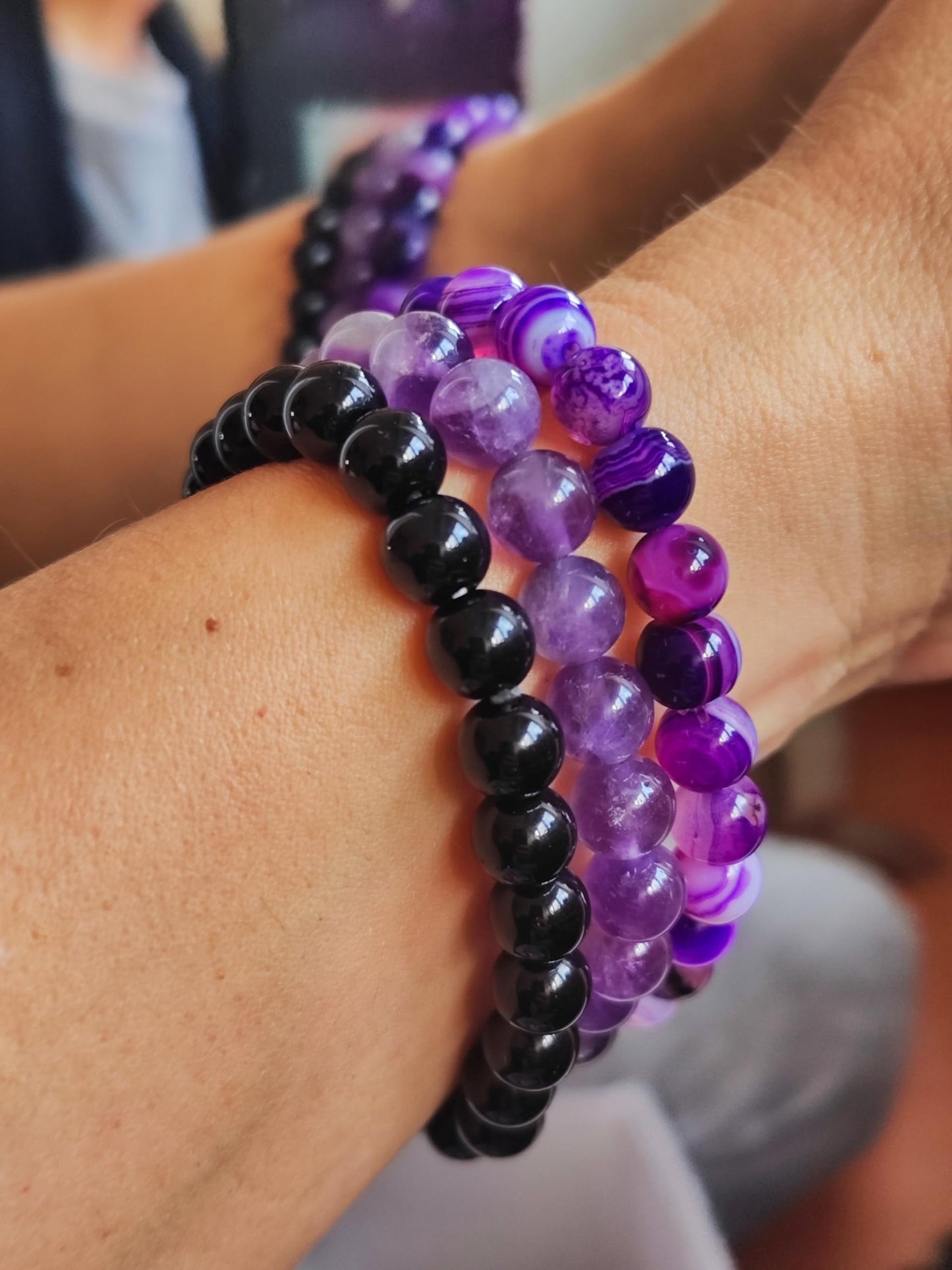 WFJ 3 Beaded Bracelets Set Amethyst Obsidian Agate Triple Protection Bracelet Natural Crystal Stone Purple Healing 8mm Bead