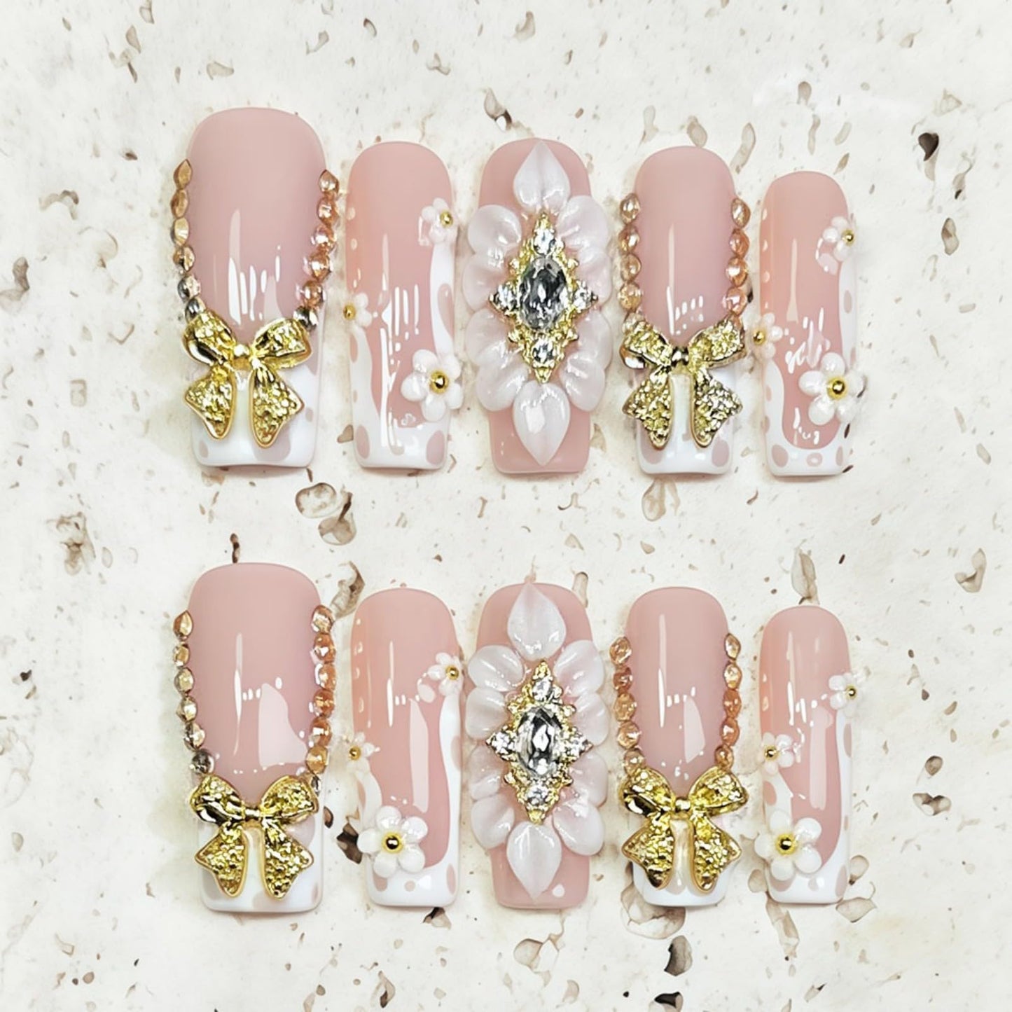 Luxury Handmade Long Press on Nails Square Fake Nails Summer French Tip Press Ons with 3D Flowers Diamond Design Reusable False Nails Full Cover Stick on Nail for Women Manicure 10Pcs (Size M)