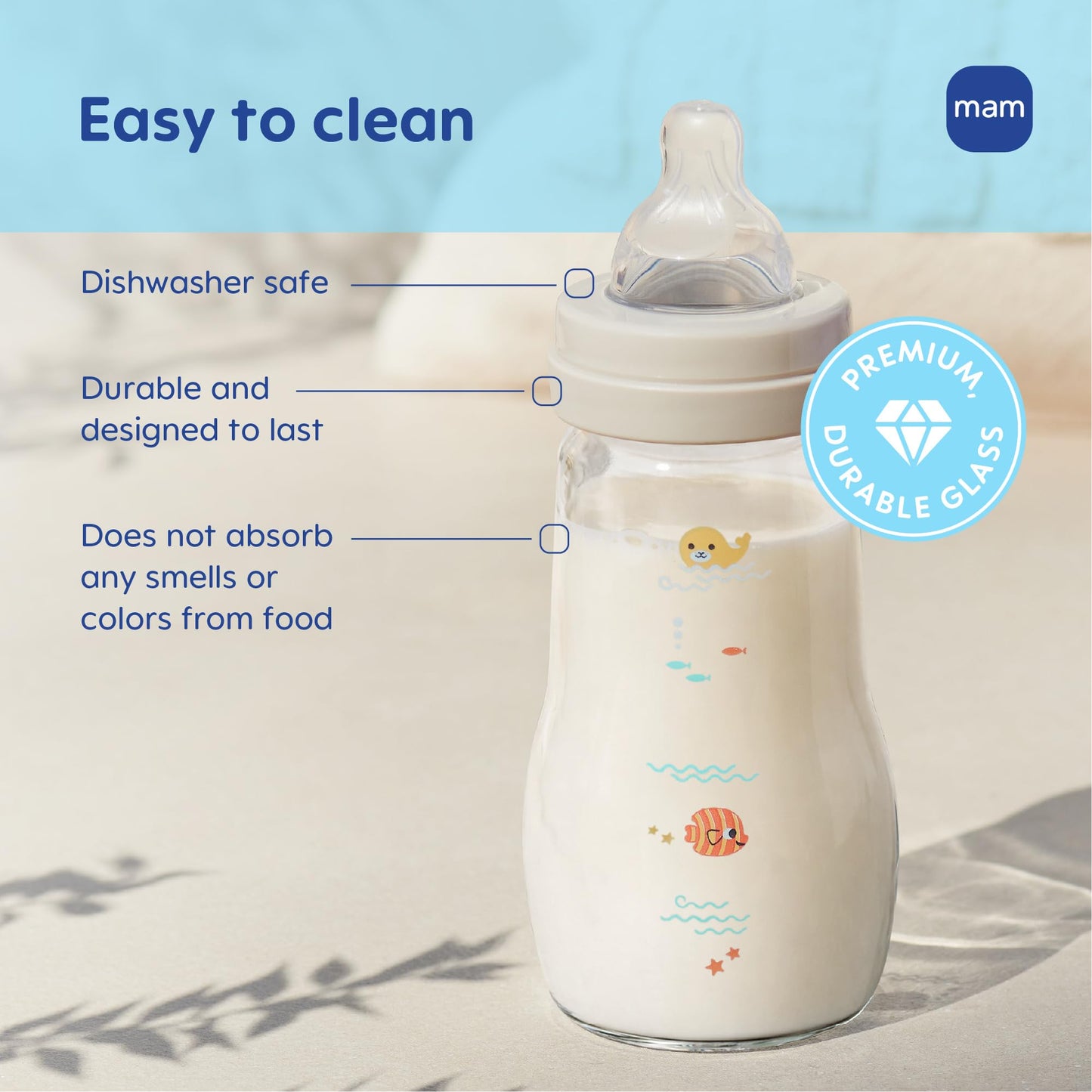 MAM 9oz Premium Glass Wide Neck Baby Bottle with Medium Flow Breastfeeding-Like Silicone Nipple, Easy to Clean, BPA Free, 2+ Months, Easy Switch Between Breast and Bottle, Made in Europe, 3 Pack