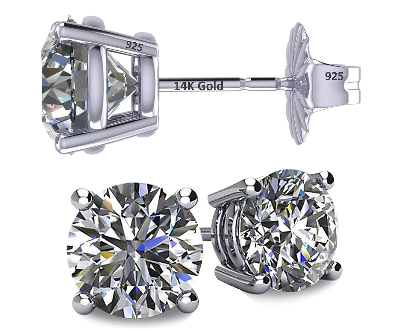 Central Diamond Center 14K Solid Gold Post & Sterling Silver 4 Prong CZ Stud Earrings - Platinum Plated - 9.00mm - 6.00cttw