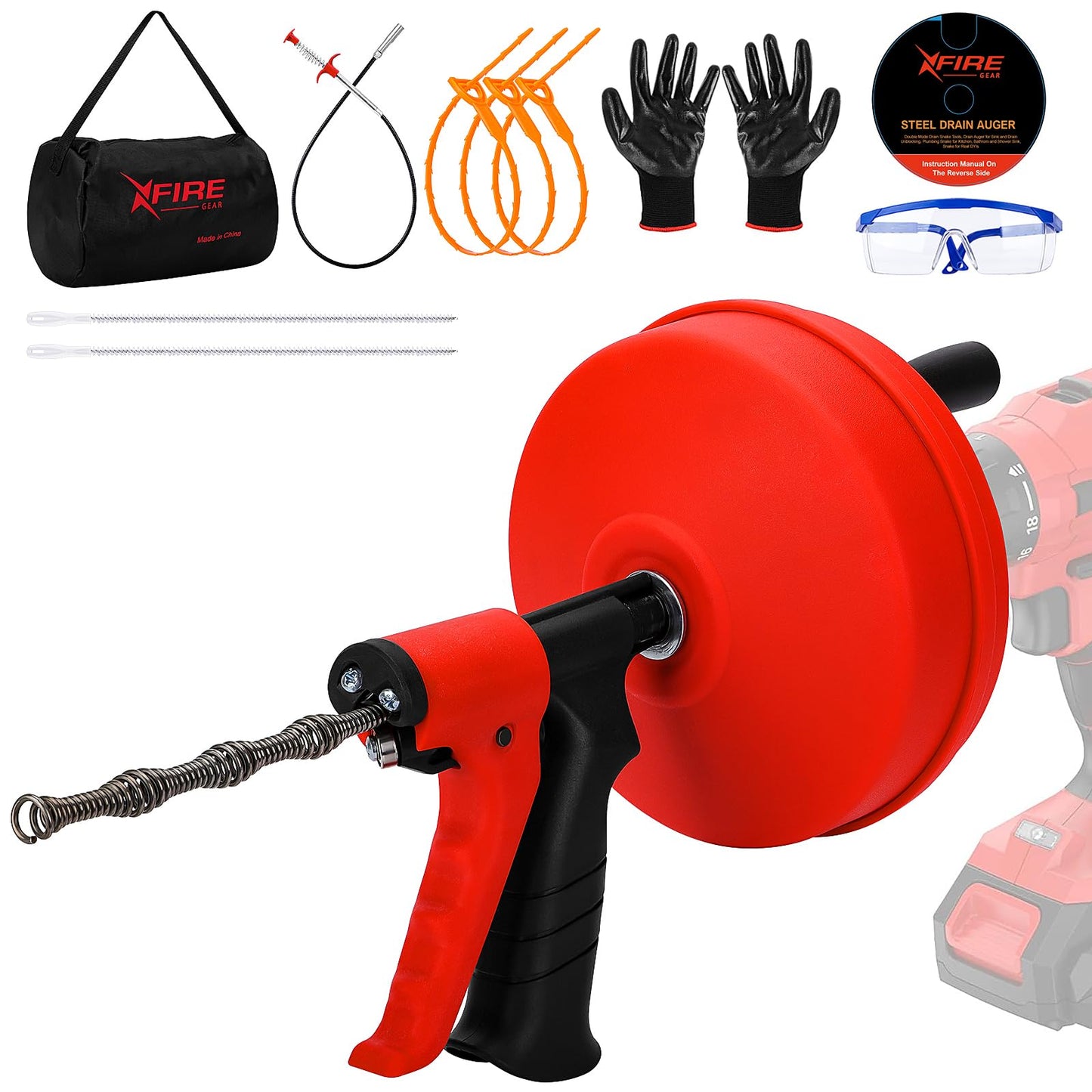 50 FT Double Mode Drain Snake Tools, 11-in-1 Drain Auger for Sink and Drain Unblocking, Plumbing Snake for Kitchen, Bathrom and Shower Sink, Drain Clog Remover for Real DYIs