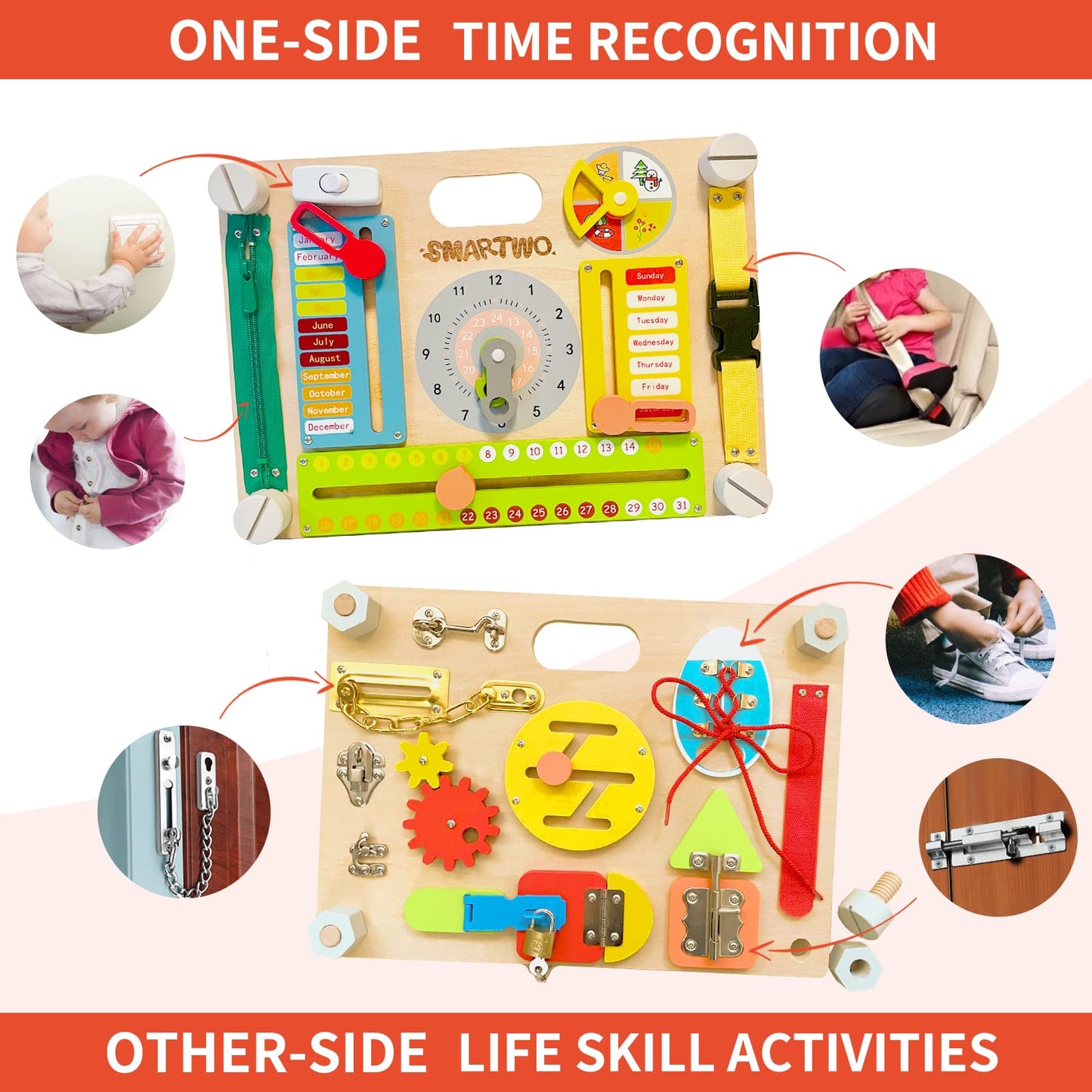 Smartwo Double-Sided Montessori Busy Board & Wooden Space Toys
