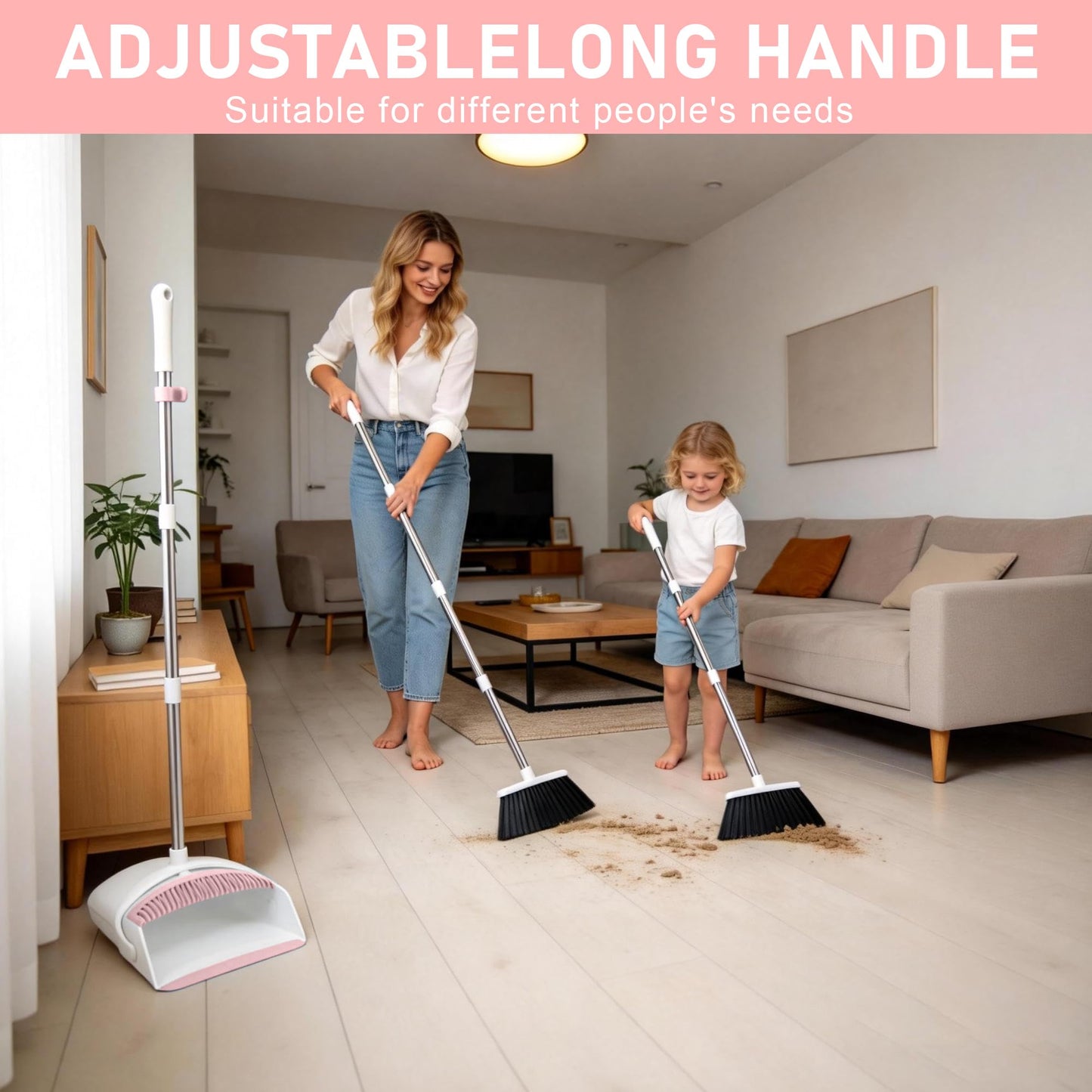 Broom with Dustpan Combo Set for Home 52-in Long Adjustable Handle Angle Broom and Dustpan Set with Dustpan Comb Teeth for Sweeping Pet Hair Food Dirt Kitchen