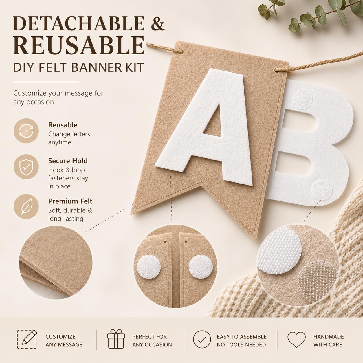 DIY Felt Banner Kit for Custom Messages, Reusable Customizable Party Banner with Detachable Letters, 28 Pennants, Hook & Loop Dots & Jute Rope for Birthday, Graduation, Baby Shower