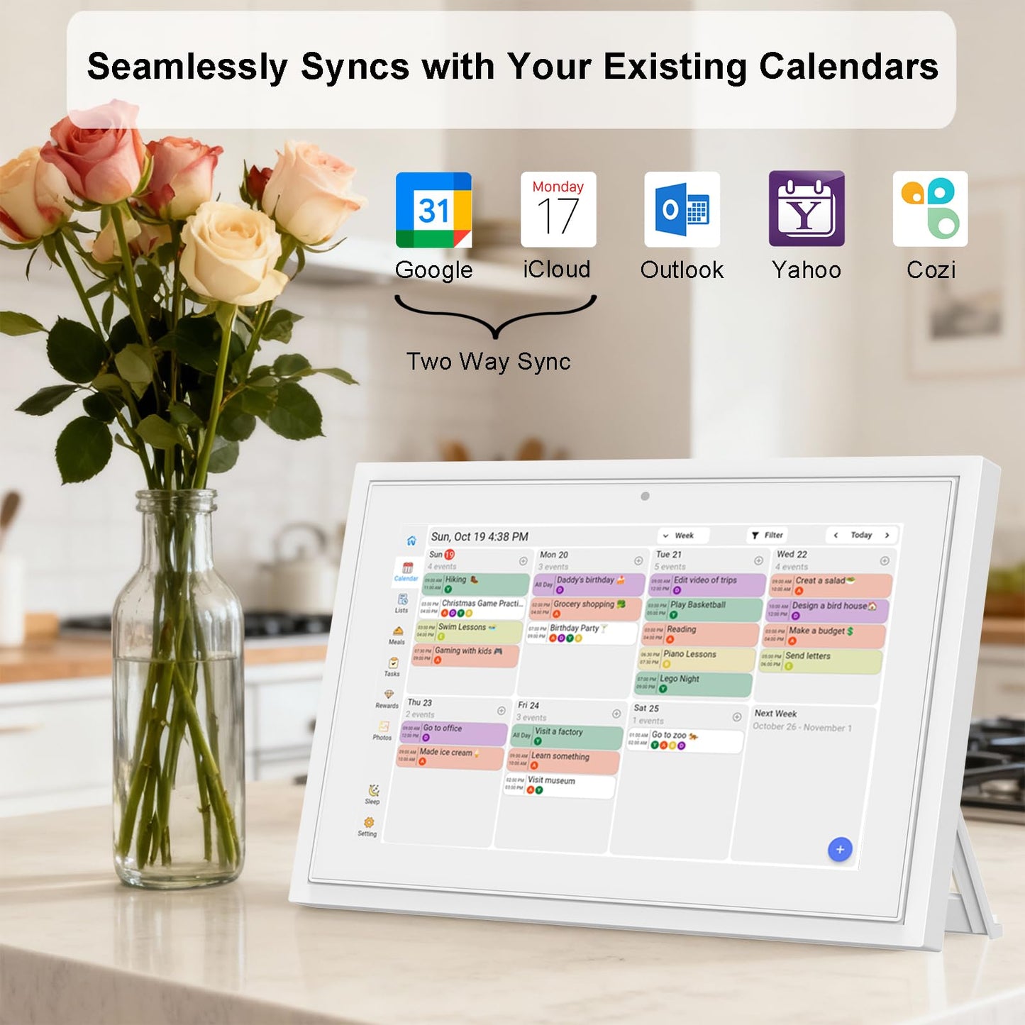 Digital Calendar with Touch Screen - 10.1 Inch Wall-mounted Smart Electronic Planner with Third-Party Calendar Sync, Chore Tracker, Meal Plan & Photo Display, Gifs for Mom