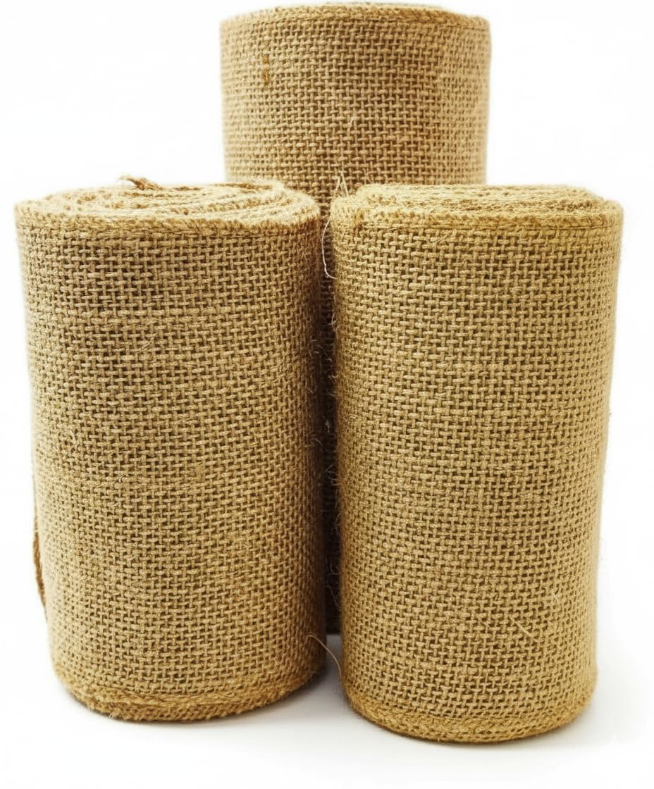 3-Pack Burlap Fabric Ribbon Natural Roll DIY (6Inch X 15yards) Tree Protector Wrap Plant Bandage Packing Winter Proof, Craft & Hobby Fabric, Warm Keeping and Moisture