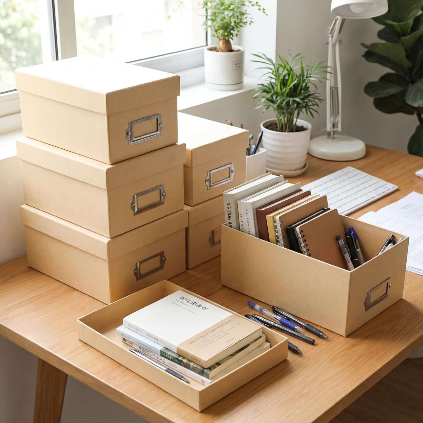 Threehoney 9 Pcs Kraft Storage Boxes Rectangle Stacking Boxes with Lids and Cardboard Organizers with Gold Label Holders for Home Decor and Organizing(Khaki)