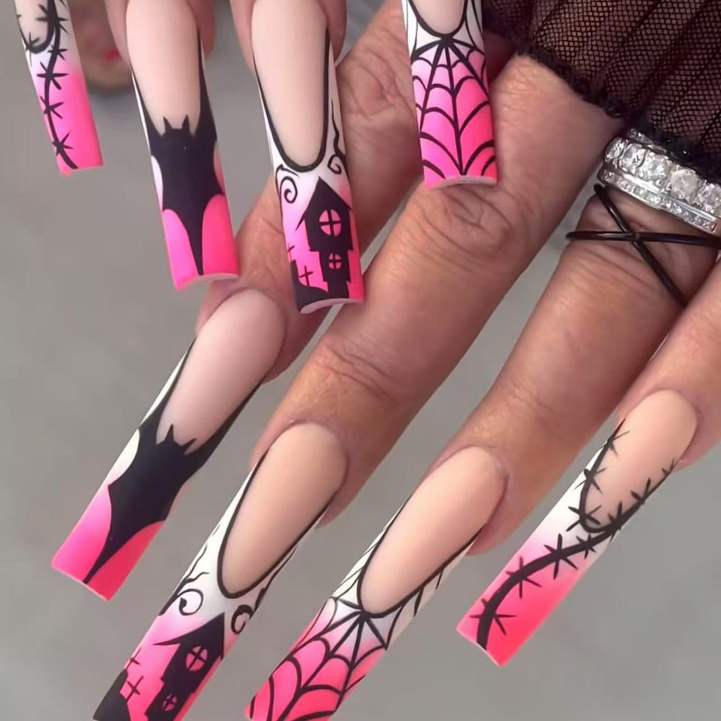 IMRAIN Halloween Press on Nails Long Square False Nails Pink French Tip Fake Nails with Black Spider Web, Bat, Castle Design Full Cover Artificial Acrylic Glue on Nails for Women