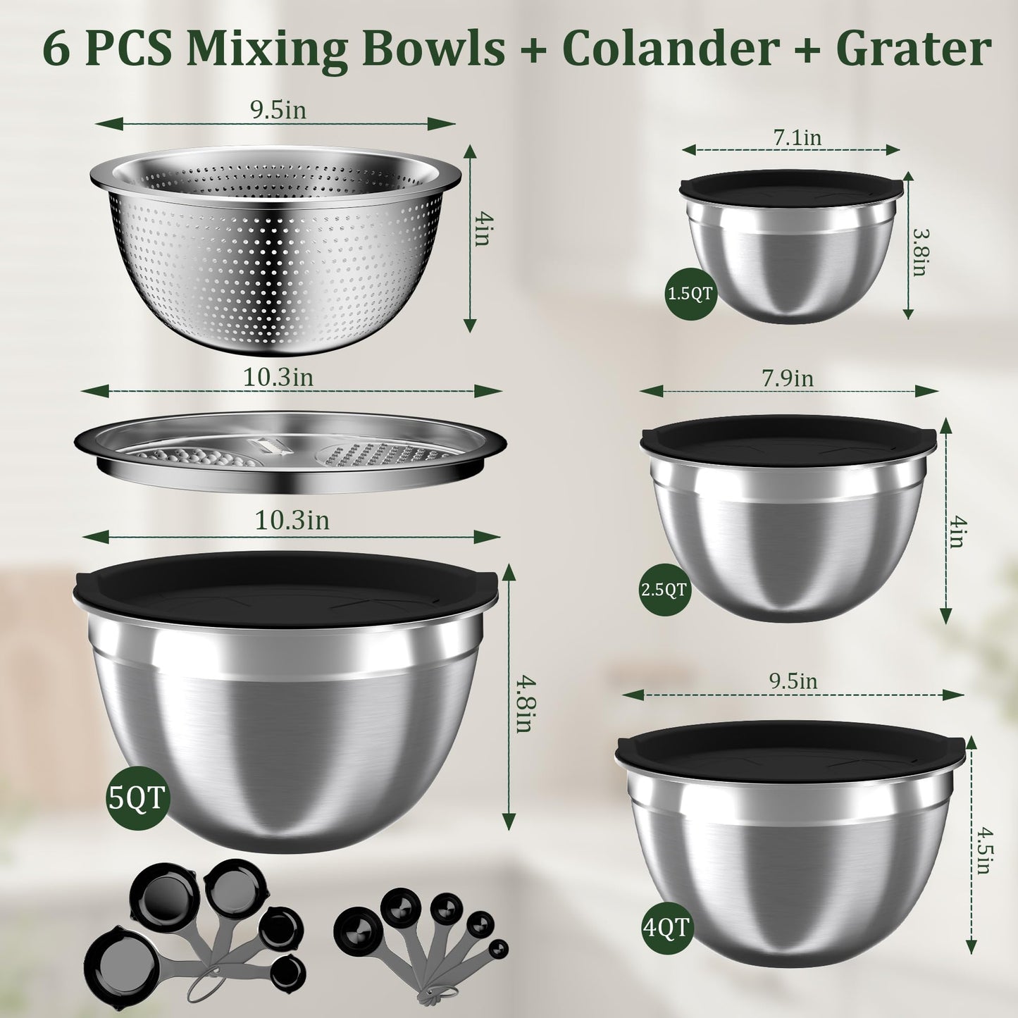 Nicdiet Mixing Bowls with Lids Set, 16PCS Stainless Steel Mixing Bowls,Nesting Storage Bowls for Kitchen with Mixing Bowl, Colander, Strainer & Grater, Metal Salad Bowl for Kitchen Gadgets, Black