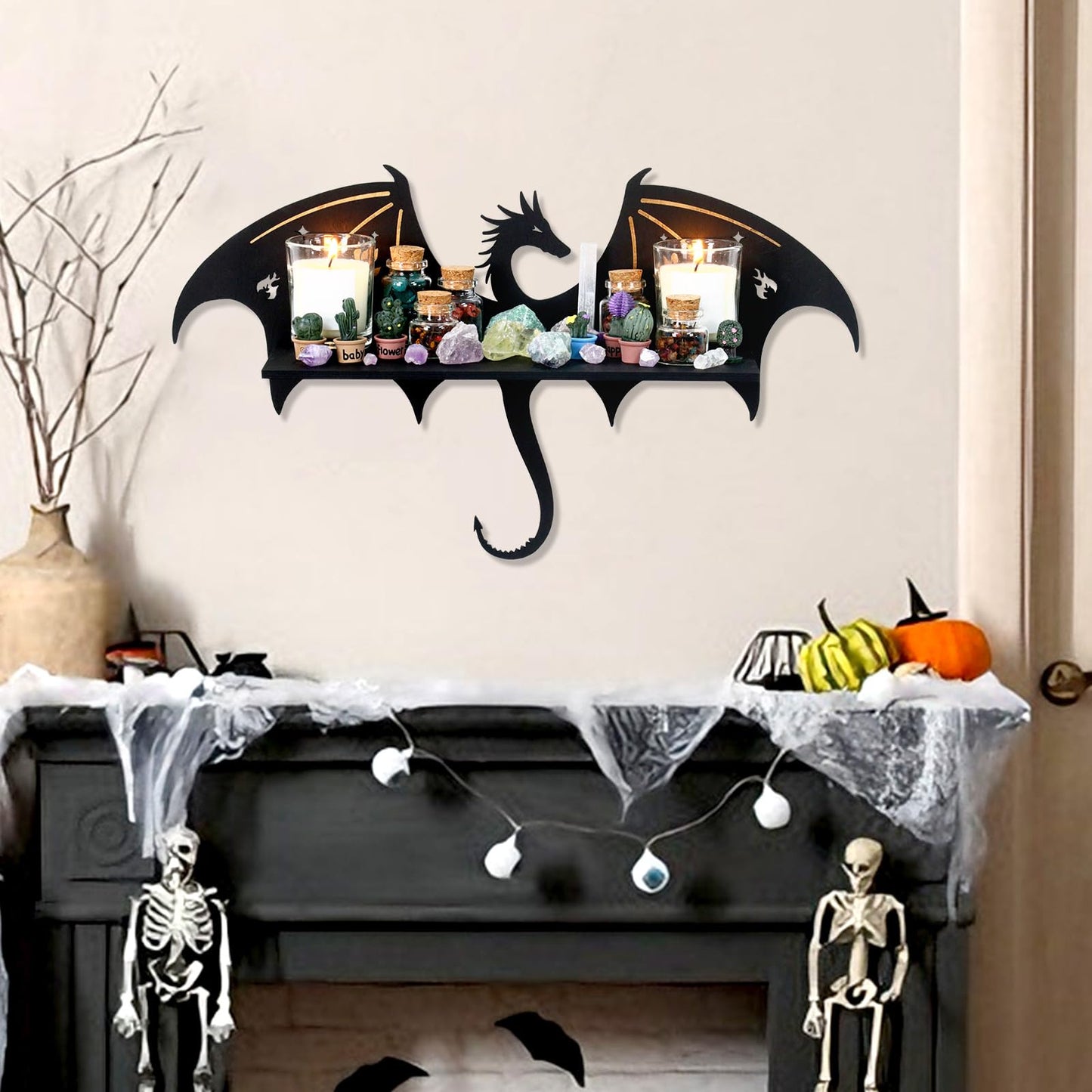 KOYILT Dragon Decor Trinket Shelf Crystal Wall Display Shelf - Rustic Witchy Fantasy Decor for Trinkets, Crystal Storage & Wall Art for Home Altar, Bedroom or Witchy Room (1, Evil Dragon)