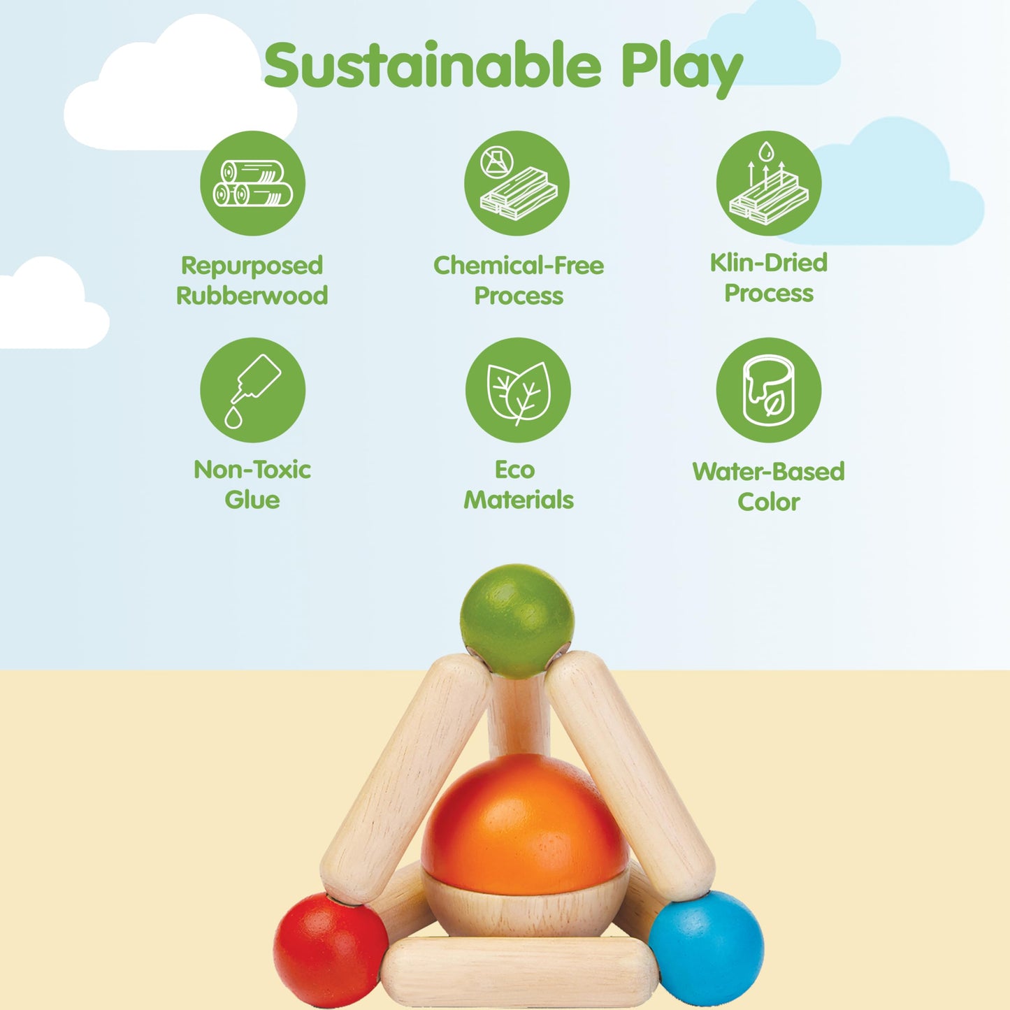 PlanToys® Wooden Clutching Triangle Baby Toy | Montessori Sensory Grasping and Fine Motor Skill Development Activity | Eco Friendly Rattle Toy for Early Exploration