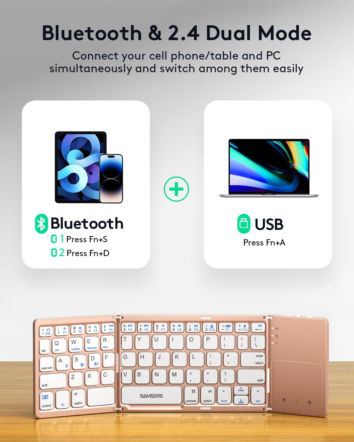 Samsers Multi-Device Foldable Bluetooth Keyboard with Touchpad, Rechargeable Dual-Mode(2.4G+BTx2) Wireless Keyboard with Holder, Portable Folding Keyboards for Android Windows iOS Mac OS - Pink