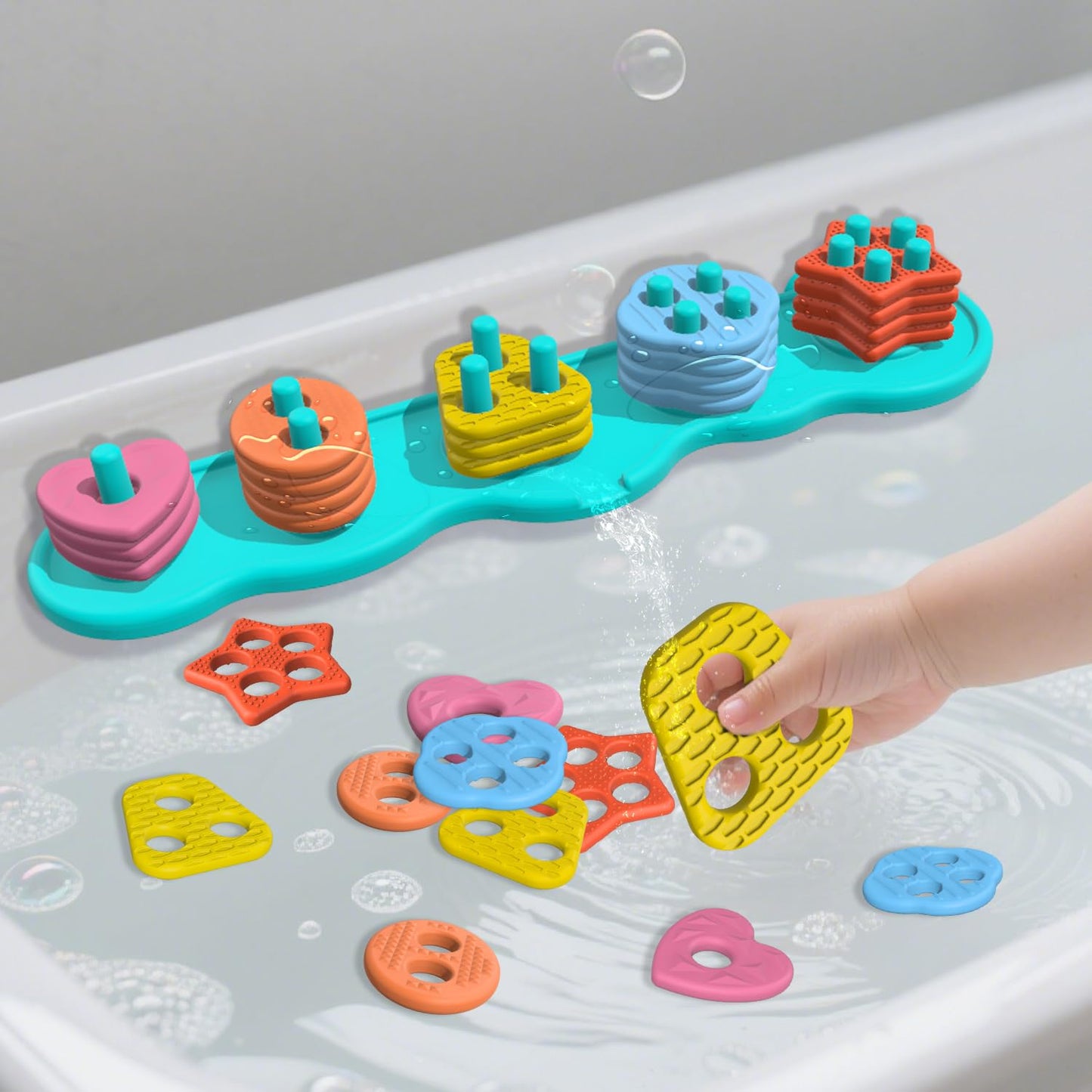 Suction Baby Bath Toys, Mold Free Silcone Shape Sorting & Stacking Bathub Toy, Sensory Toys & Best Gift for Toddlers 3 4 5 Early Learning Bathtub Fun (Geometry)
