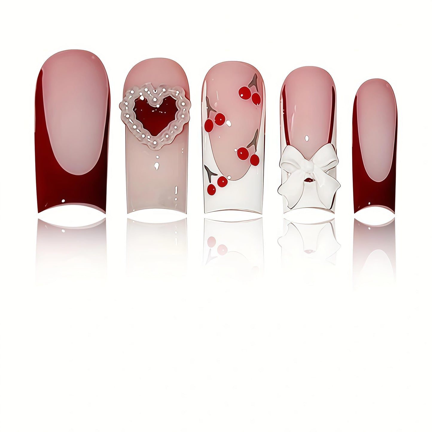 Long Press on Nails Square Fake Nails White Acrylic Nail Press Ons Seeneey Bow and Cherry Designs Cute Stick on Nail for Women 24pcs