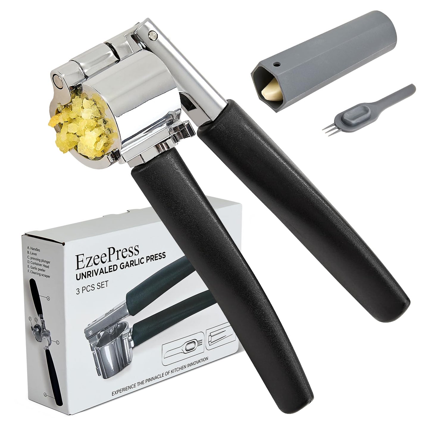 Garlic Press Mincer, Crusher Set with Removable Chamber - Ergonomic Handle, Dishwasher Safe, Easy to Clean for Kitchen, Cooking, Restaurants