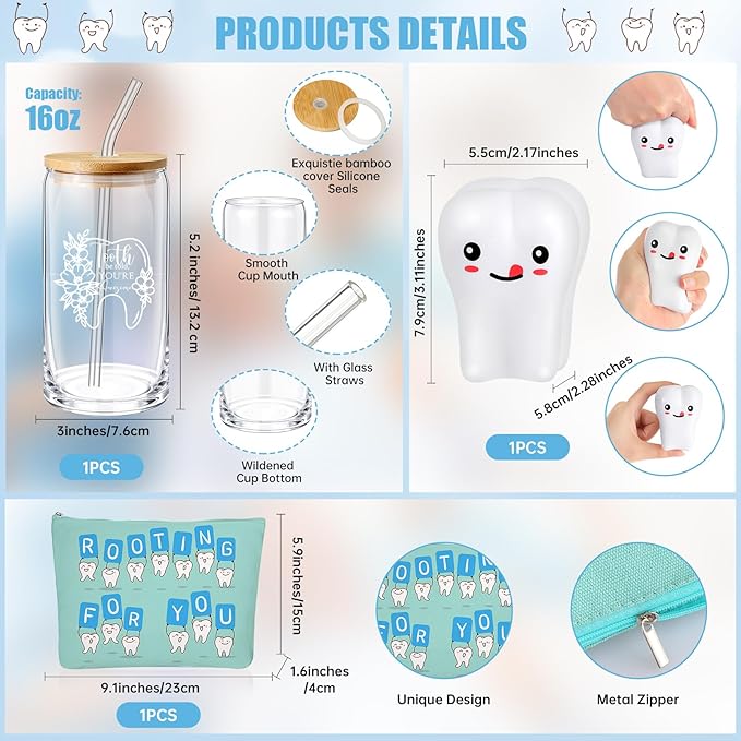 Sliner 3 Pcs Dental Hygiene Gifts Assistant Hygienist Gifts 16 oz Glass Cups Makeup Bag Teeth Stress Toy for Women Coworkers Nurse Dentist Retirement Graduation Christmas Birthday Gift(Multicolor)