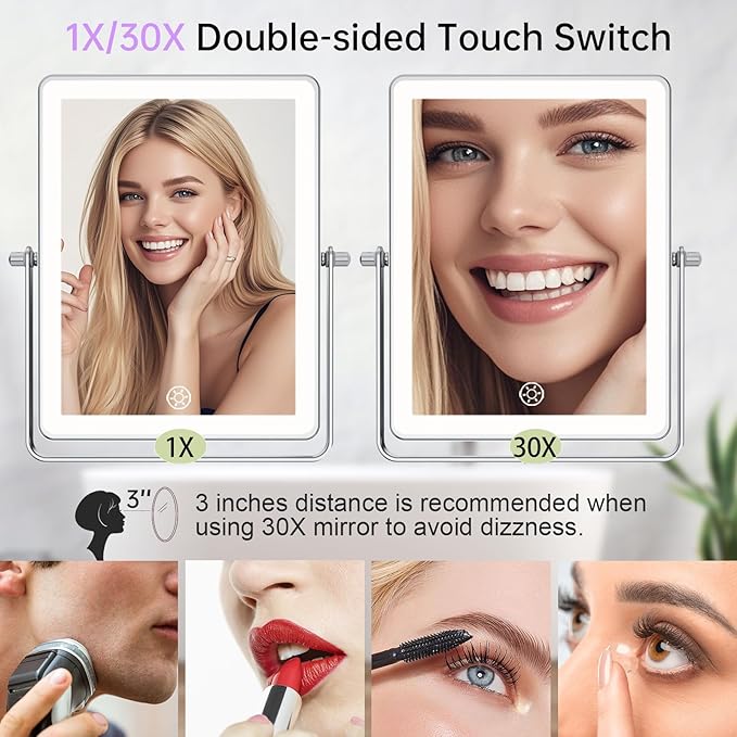 FASCINATE 5000mAh Rechargeable Wall Mounted Makeup Mirror with Lights, 8.7 Inch Double Sided Touch Switch 1X 30X Magnifying Bathroom Mirror, 3 Color Lights Dimmable Extended Arm 360°Rotation (Chrome)