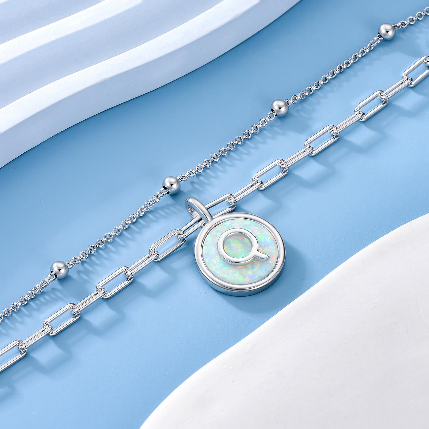 LWQQWL Initial Q Bracelet for Women 925 Sterling Silver Layered Initial Bracelet Opal Letter 26 Alphabet Jewelry Christmas Gifts